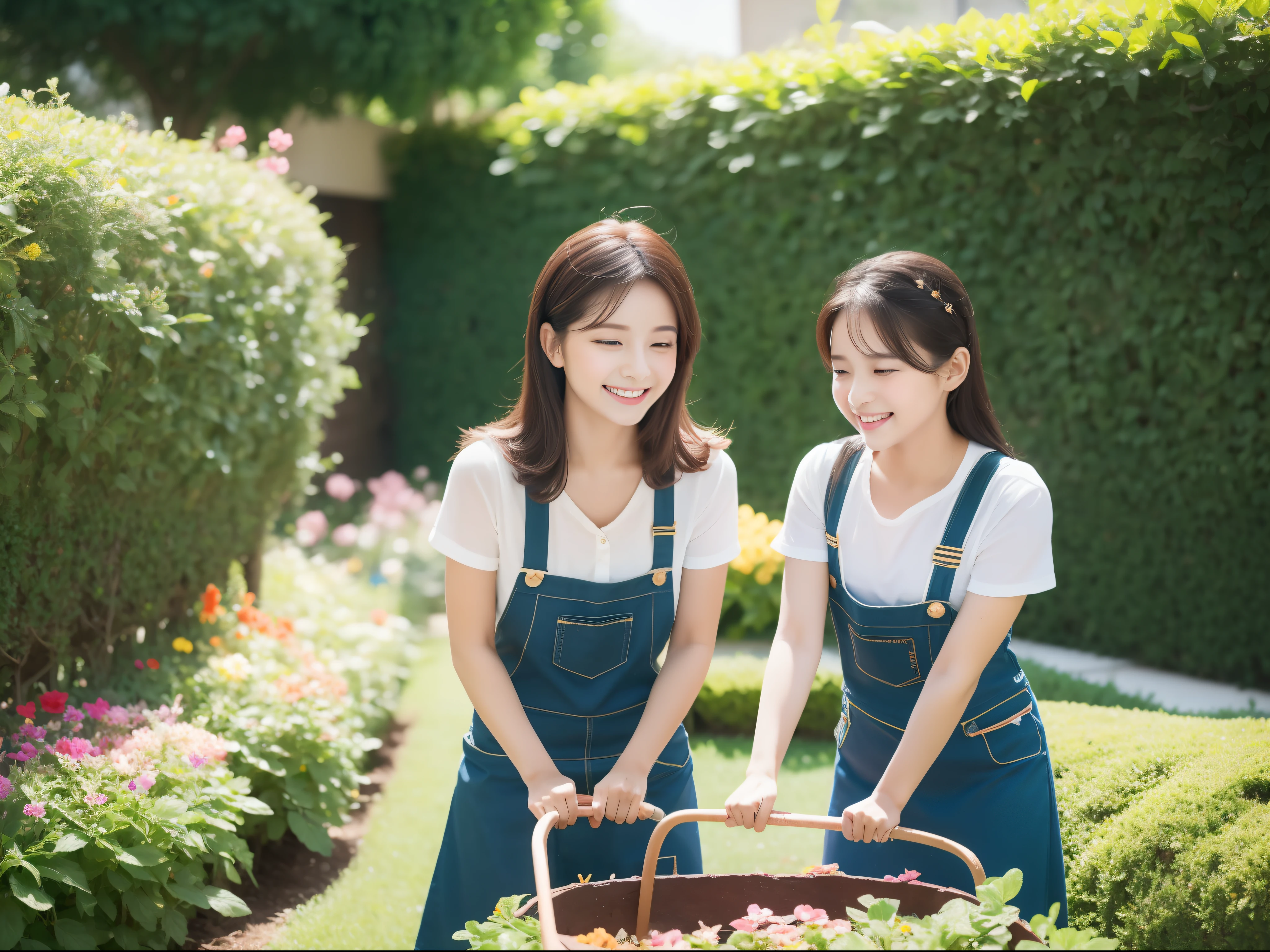 gardening Girls and family A garden with many colorful flowers Doing yard work I have a scoop, light smile, black hair, Canon, UHD