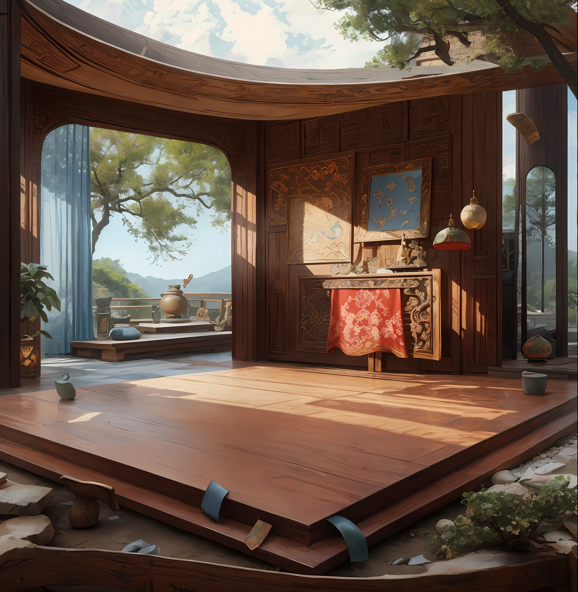 dominant colors: （（（Overall red））），real rendering，Reallightandshadow，(Antique interior design)、Chinese home furnishings、Circular entrance、Depth、symmetrical design、((Antique carved door beams、carved beam paintings、tables and chairs、Bonsai、vases、chinaware、the trees、florals、Chinese lamps、Embroidery、screen、Beds、cushion、Blue sand curtain))、Exquisite home、rich details​、Ancient Chinese Ming dynasty style、Quiet and elegant atmosphere、The blue tone is the base tone、Delicate and soft painting style、Cinematic lighting effects、high-definition picture quality、softlighting、Tyndall effect、dream magical、rich details​、Refer to Gu Kaizhi、32K、high high quality、A high resolution、VerydetailedCG，Realistic background, Fundo sala de estar,, hyper detailed scene,, realistic detailed background, highly detailed scenario, arte de fundo, detailed scene, round background