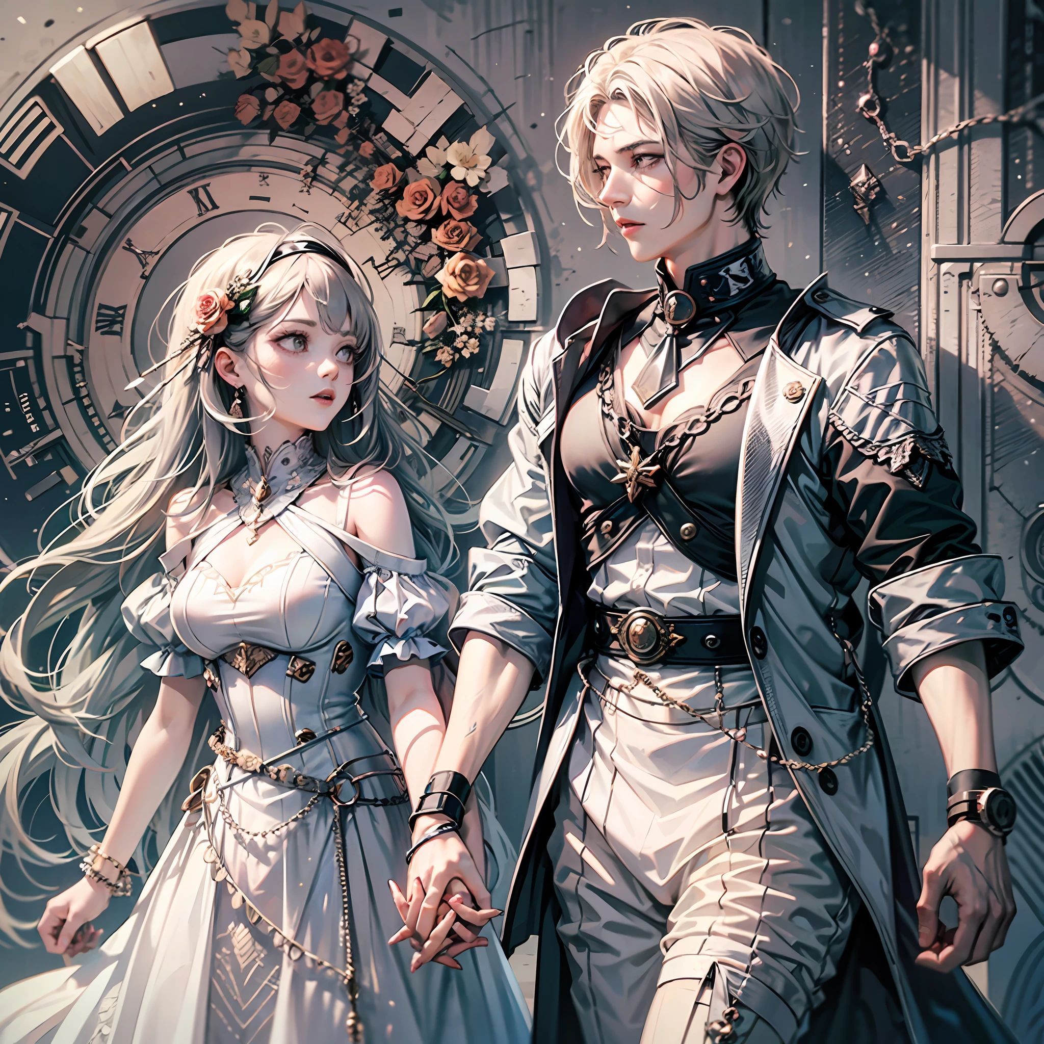 Girl in translucent white dress holding hands with a young guy with gray hair without a beard, roses, silver