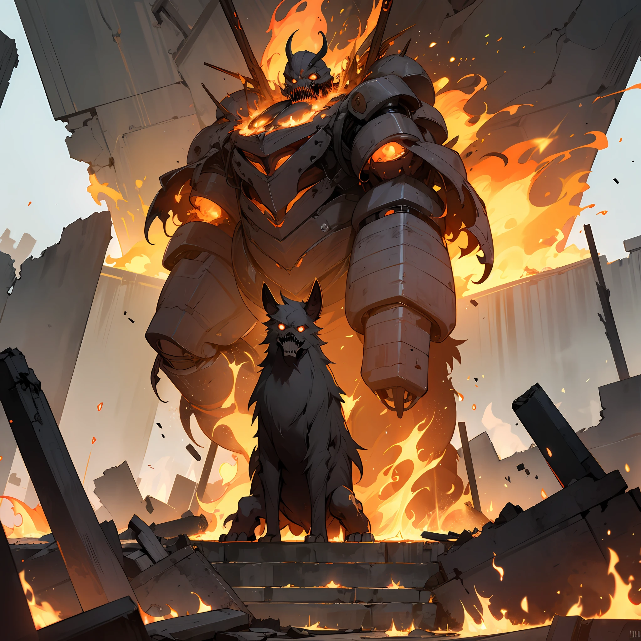 A terrifying behemoth standing silently in the ruins,Flames abound