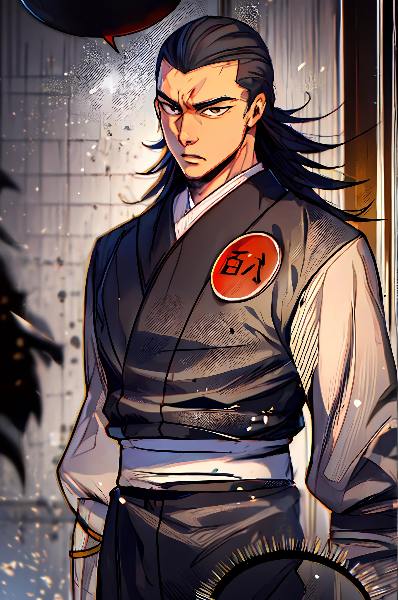 uma imagem de desenho animado de um homem com cabelo longo e um kimono preto, samurai, cara bonito na arte demon slayer, Shikanosuke Yagaki, Masamune Shiro, Manhwa, Kazuya Tsurumaki, Akiyuki Shinbou, homem samurai, handsome japanese demon boy, wuxia de corpo inteiro, Sengoku - Era Estilo de Arte