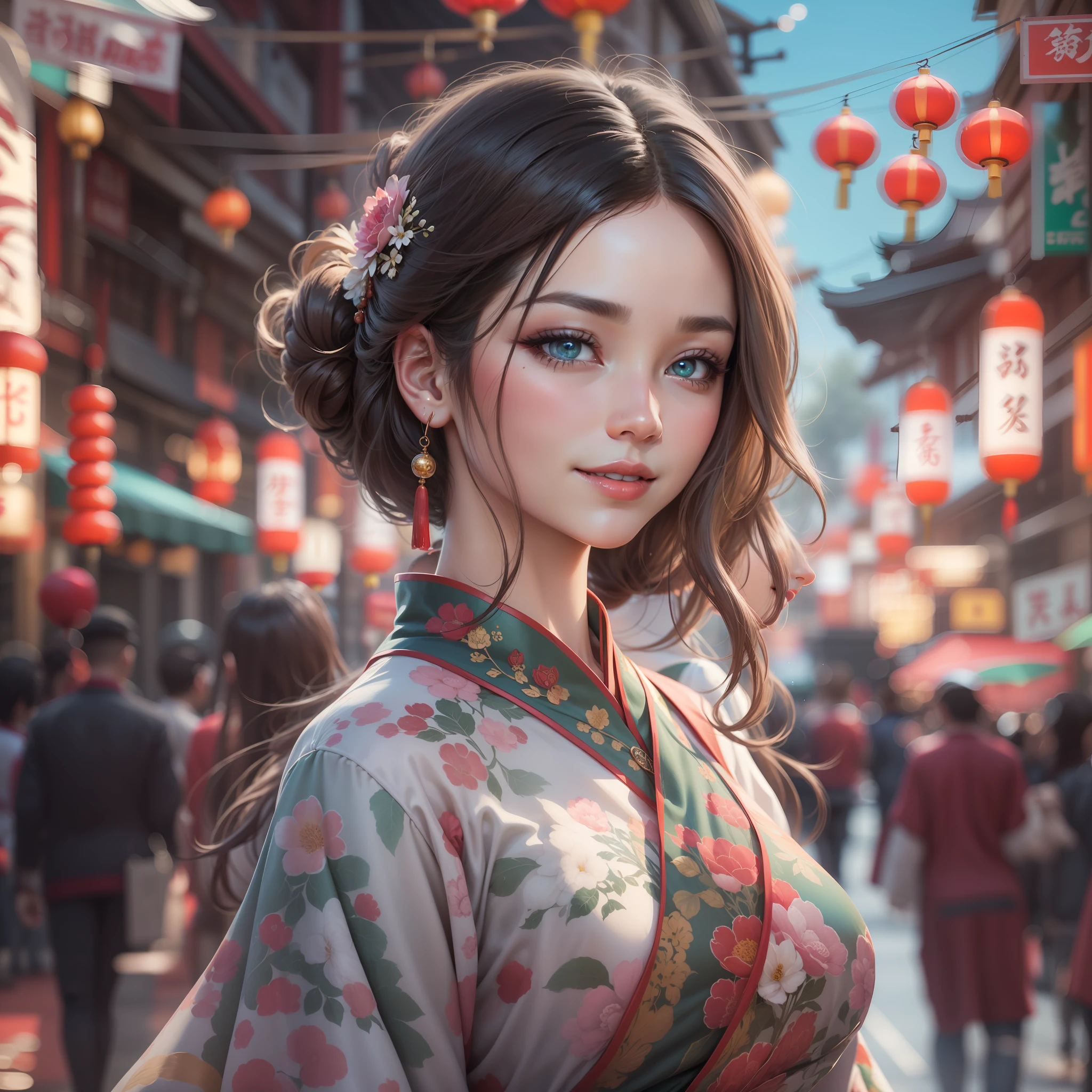 very beautiful woman. She is wearing a Chinese dress, the background is Chinatown, very long hair, aqua eyes, light smile, Art Deco, sparkle, first-person view, Sony FE GM, UHD, retina, masterpiece, ccurate, anatomically correct, textured skin, super detail, high details, high quality, award winning, best quality, highres, 1080P, HD, 4K, 8k, 16k