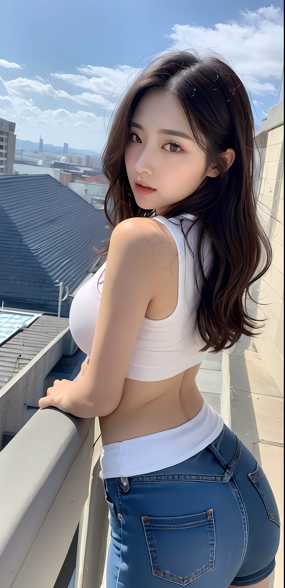 ((Best Quality, 8K, Masterpiece: 1.3)), Focus: 1.2, Perfect Body Beauty: 1.5, Ass: 1.2, ((Layered Haircut, big Breasts: 1.2)), (Night, Rooftop: 1.3), tight t-shirt, jeans shorts: 1.1, Highly Detailed Face and Skin Texture, Narrow Eyes, Double Eyelids, Whitening Skin, Long Hair, (Shut Up: 1.3),