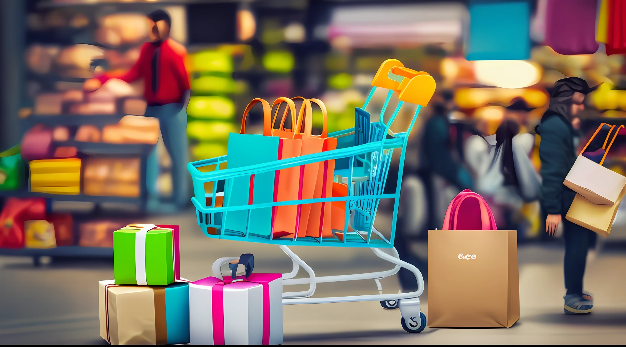 There is a shopping cart with many bags and gifts in it, ecommerce photograph, carrinho de supermercado, carrinhos de compras cheios de mantimentos, wagon, shopping cart icon, RetailDesignBlog, fotografia do produto, iStock, foto do produto em miniatura, Presentes, compras de mantimentos, fotografia de produtos comerciais, pessoas fazendo compras, Shutterstock, cena vibrante, publicidade de produtos, vibrant setting, Fotografia de produtos de alta qualidade