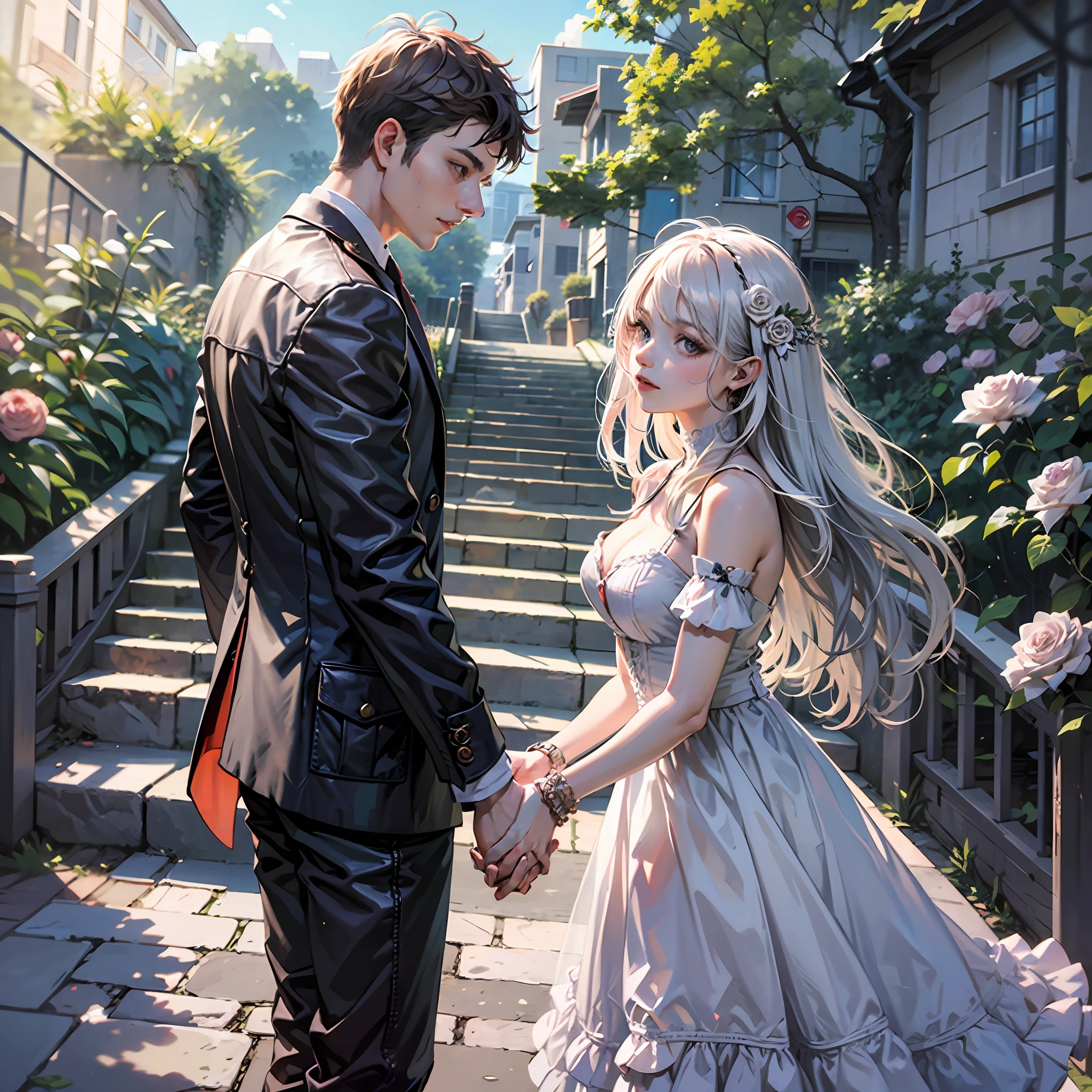 Girl in translucent white dress holding hands with a young guy with gray hair without a beard, roses, silver
