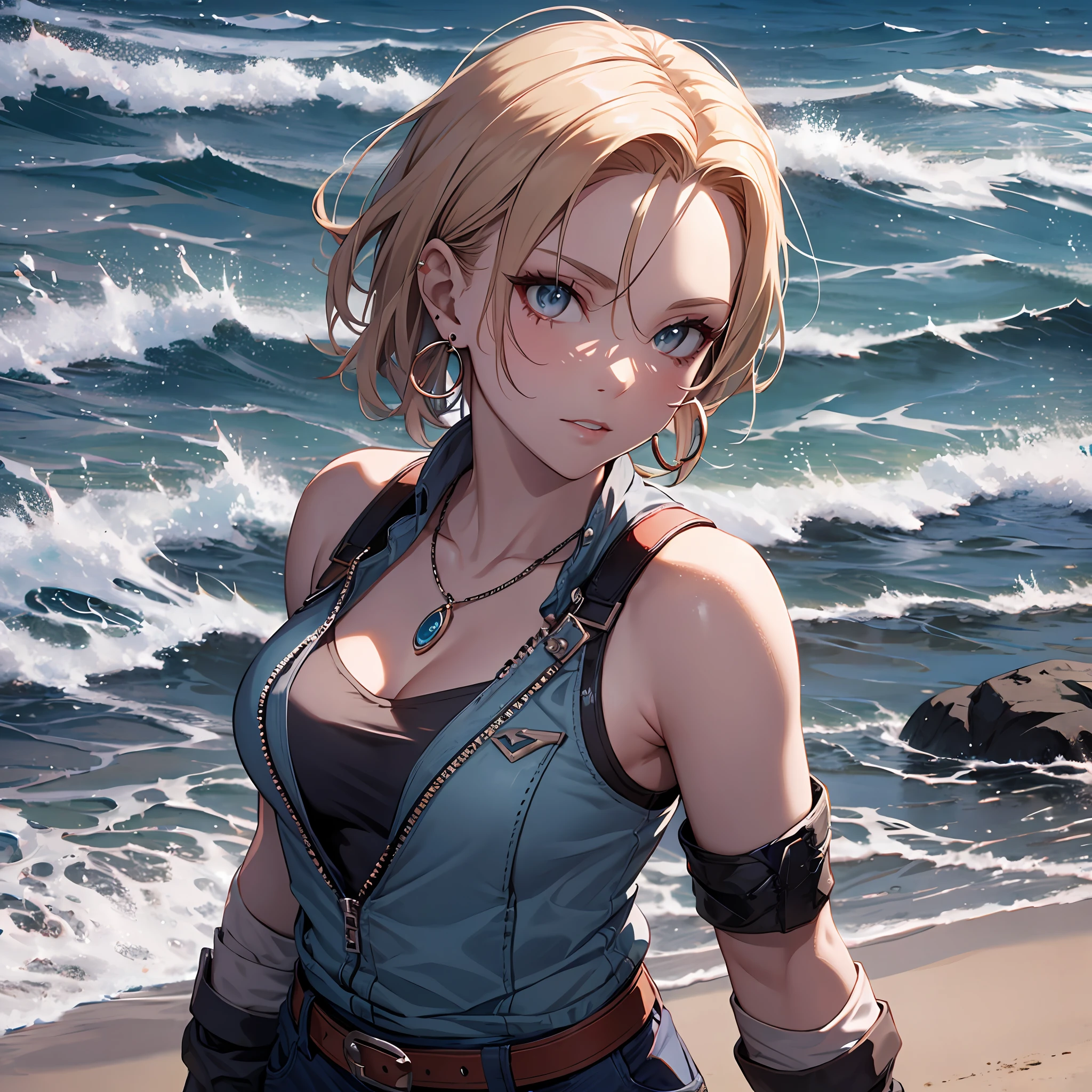 Steppiece, Best Quality, Ultra-detailed, Absurd, Portrait of cute android18DB, Realistic face, Solo, earrings, Jewelry, , brave, Eyeshadow closed, the beach, gloves, Necklace, Rock, Standing, fighting position, Volumetric lighting, Best Quality, masutepiece, Intricate details, tonemapping, Sharp Focus, Hyper Detailed　short pants　sleeveless
