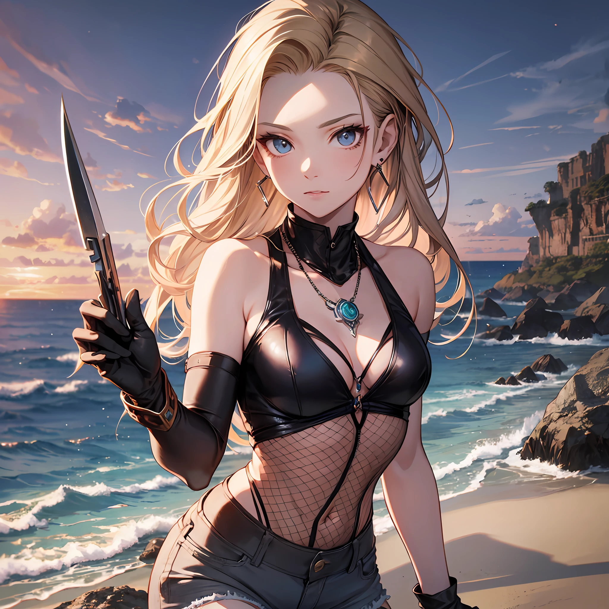 Steppiece, Best Quality, Ultra-detailed, Absurd, Portrait of cute android18DB, Realistic face, Solo, earrings, Jewelry, , brave, Eyeshadow closed, the beach, gloves, Necklace, Rock, Standing, fighting position, Volumetric lighting, Best Quality, masutepiece, Intricate details, tonemapping, Sharp Focus, Hyper Detailed　short pants　sleeveless