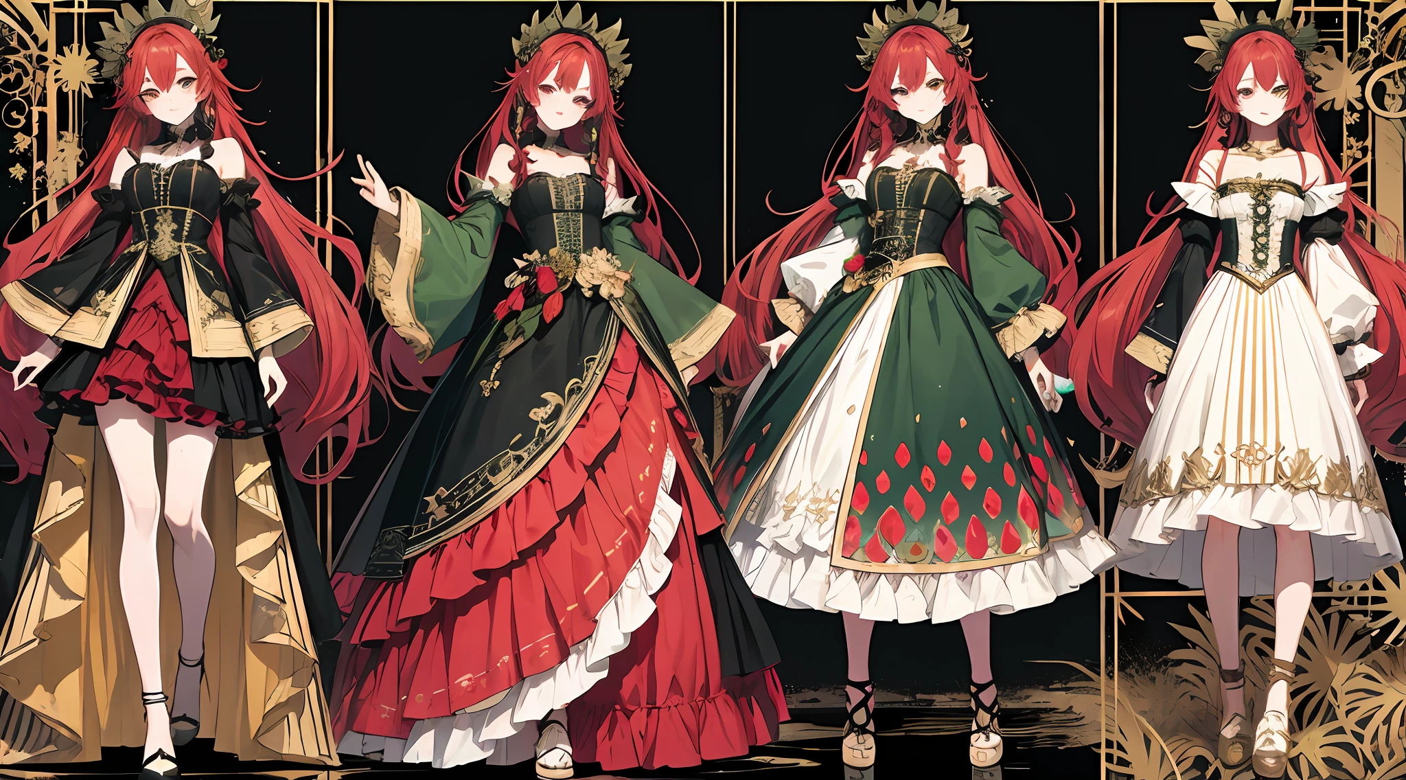 clothing design,character design,Character design,full bodyesbian,frontage,Lateral face,on back,Set,Lolita prostitute,Very gorgeous,Maximalism,extreme hight detail,RococoStyle,Super long hair,Complex accessories,Complex hairstyles,Strawberry theme,dark red color,green color,strawberry hair ornament,Strawberry-shaped gemstone,Skirts of various materials,Different fabrics,Different brightness and saturation