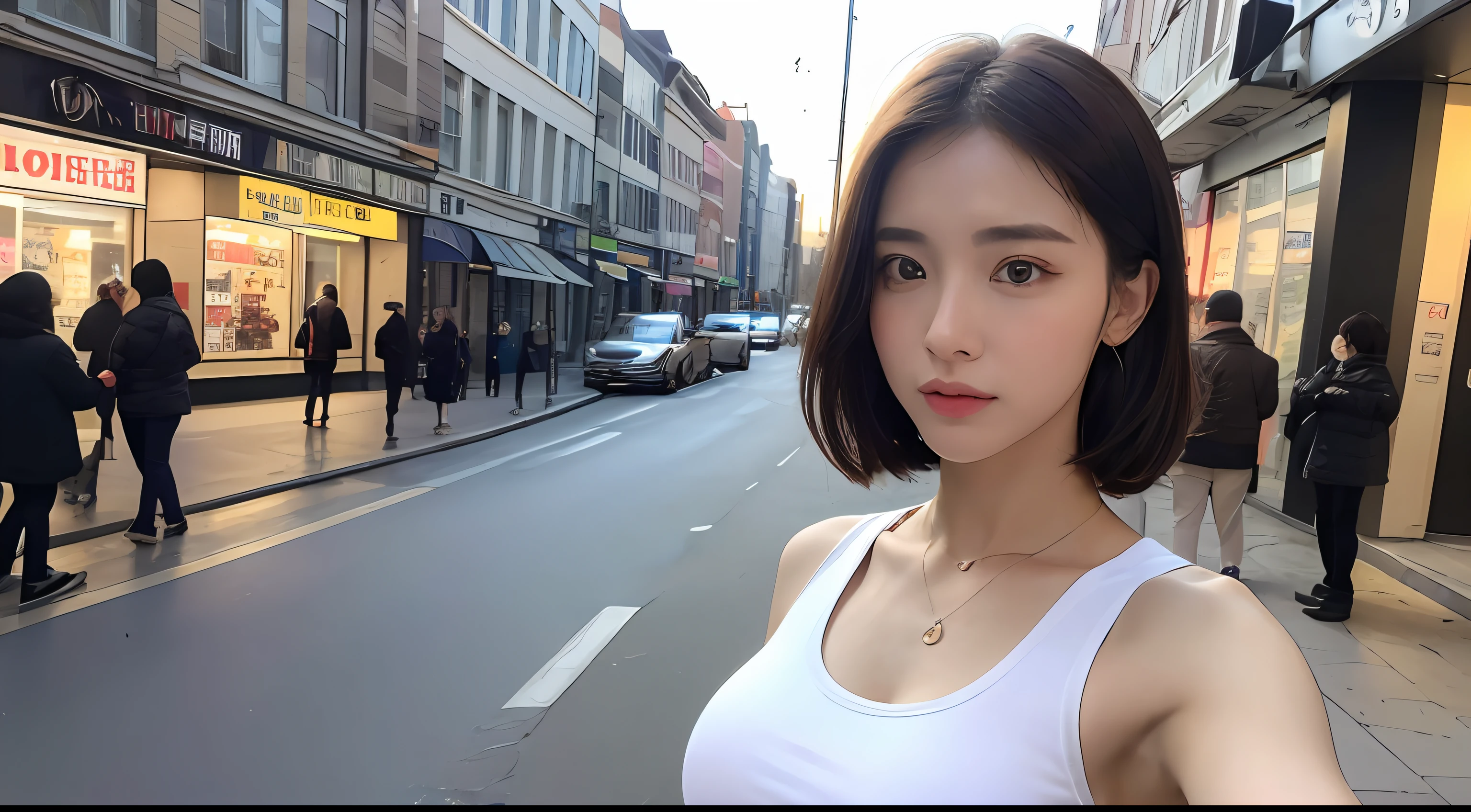 ((Realistic lighting, best qualtiy, 8K, tmasterpiece:1.3)), sharp fokus:1.2, 1个Giant Breast Girl, Beautiful Women with Perfect Figure:1.4, Slim abs:1.1, ((dark brown  hair)), (White crop top:1.4）,（exteriors，during night：1.1），the city street，Ultra-fine face，Fine eyes，二重まぶた，Upper body perspective