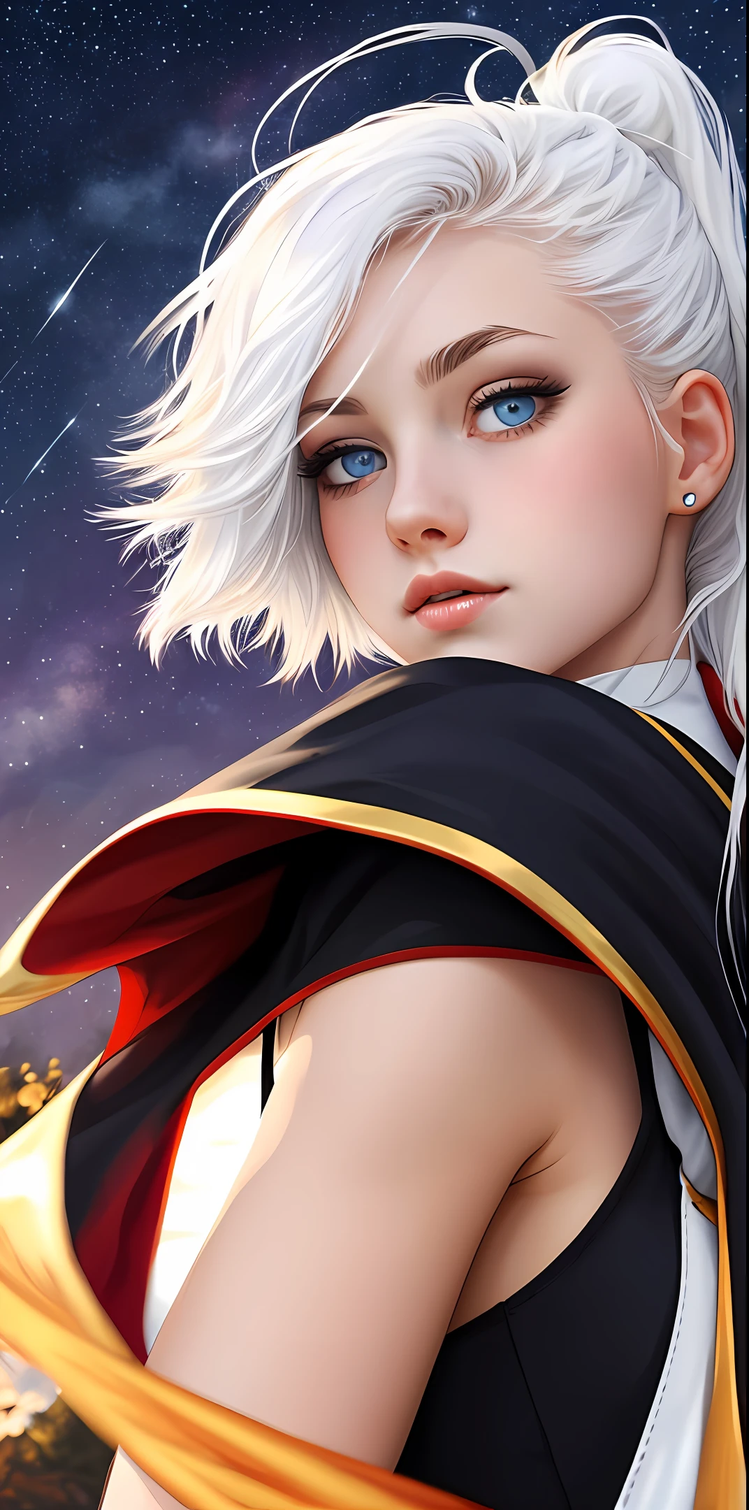 White hair, Blue eyes, High ponytail, Cape,Redhead gradient,{{Best quality}}, {{Masterpiece}}, {{Ultra-detailed}}, {illustration}, {Detailed light}, {An extremely delicate and beautiful}, A girl, {Beautiful detailed eyes}, Stars in Eyes, Messy floating hair, Colored inner hair, Starry sky adorns hair, depth of fields,Loli
