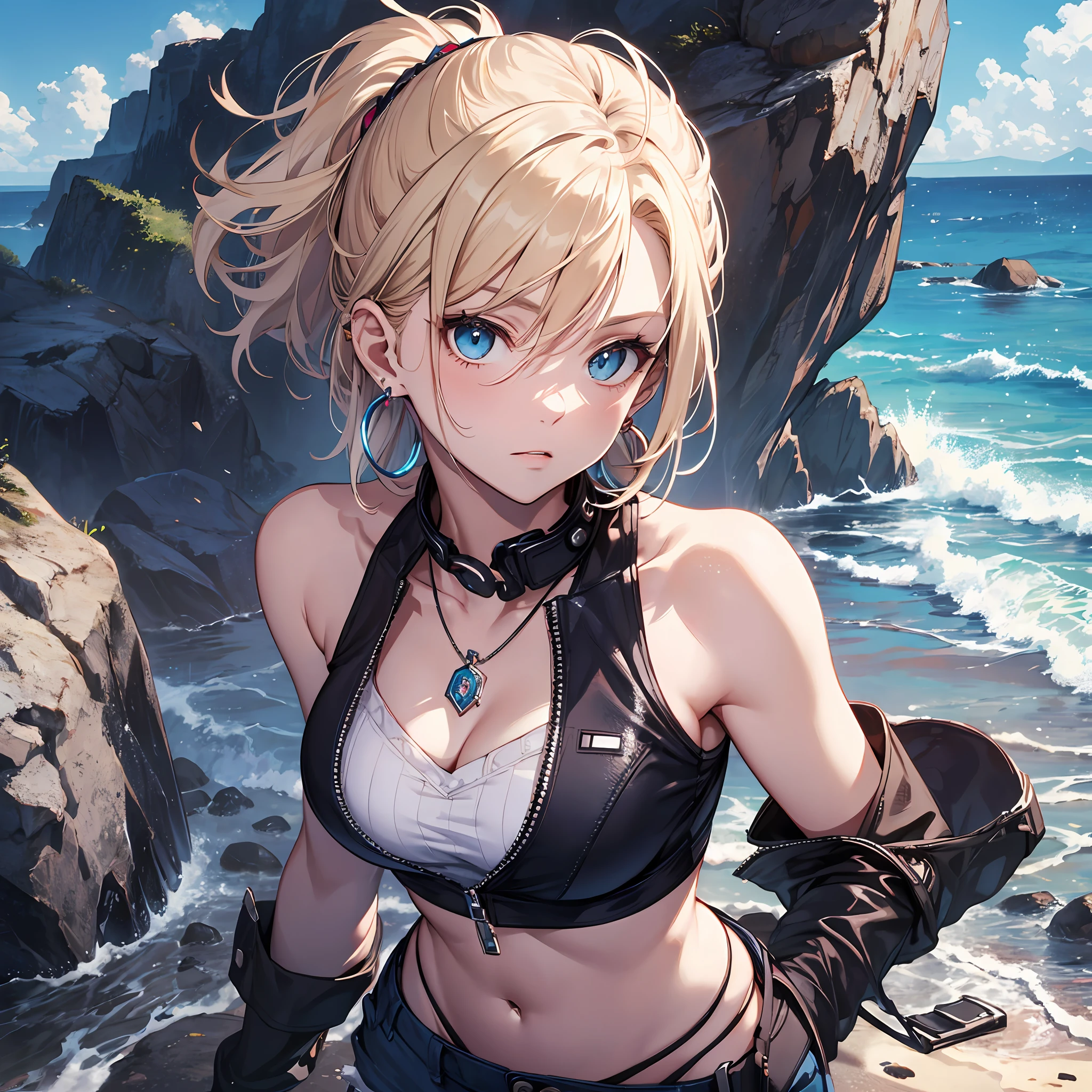 Steppiece, Best Quality, Ultra-detailed, Absurd, Portrait of cute android18DB, Realistic face, Solo, earrings, Jewelry, , brave, Eyeshadow closed, the beach, gloves, Necklace, Rock, Standing, fighting position, Volumetric lighting, Best Quality, masutepiece, Intricate details, tonemapping, Sharp Focus, Hyper Detailed　short pants　sleeveless