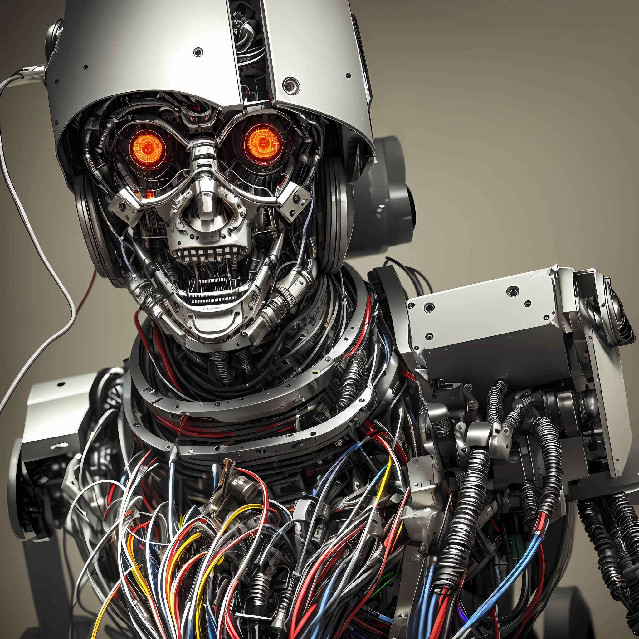 sinister robot full of wires and metals, expostos, realistic glass head,and camera eyes --auto