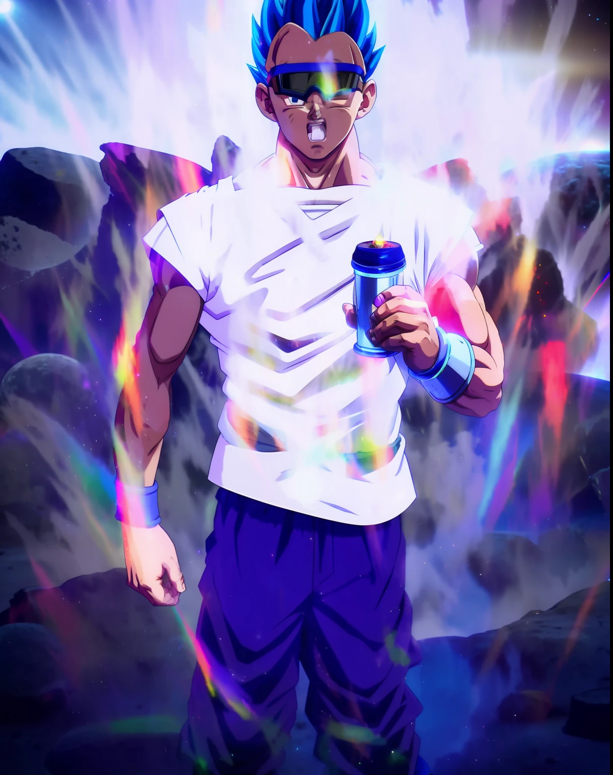 An award winning master piece photo of a son goku as super saiyan 4. standing on planet Vegeta at night(moons on sky:1.2). wearing neon-colored glowing goggles, 8k, (high quality:1.1), (cinematic feeling:1.1), dark deep shadows, incredibly intricate detailing, art , (up close:1.1), from above, looking at viewer, (light sparkles:1.1), (chromatic aberration,:1.2) background with floating light artifacts