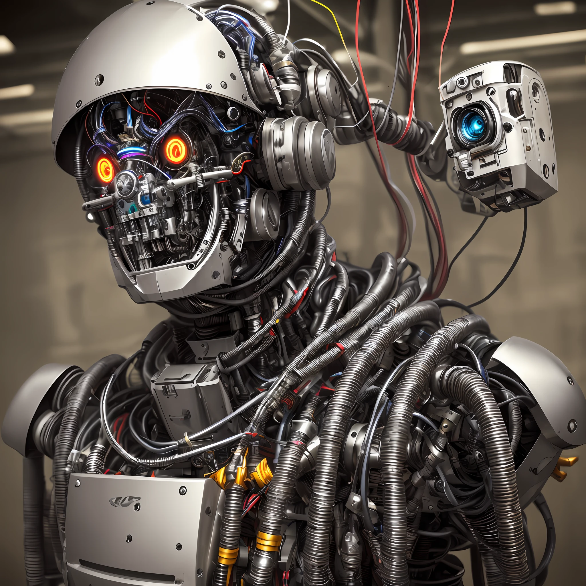 sinister robot full of wires and metals, expostos, realistic glass head,and camera eyes --auto