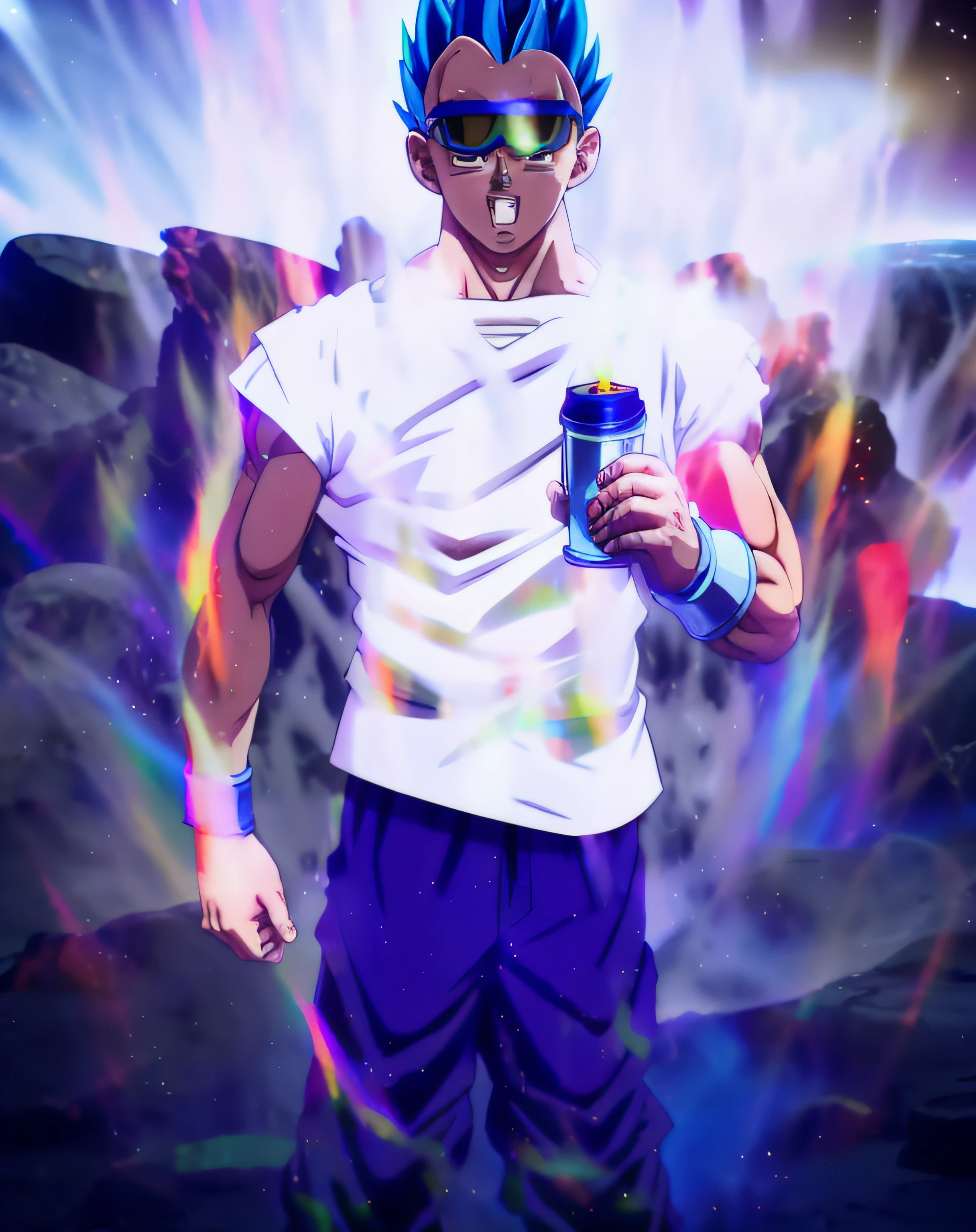 An award winning master piece photo of a son goku as super saiyan 4. standing on planet Vegeta at night(moons on sky:1.2). wearing neon-colored glowing goggles, 8k, (high quality:1.1), (cinematic feeling:1.1), dark deep shadows, incredibly intricate detailing, art , (up close:1.1), from above, looking at viewer, (light sparkles:1.1), (chromatic aberration,:1.2) background with floating light artifacts