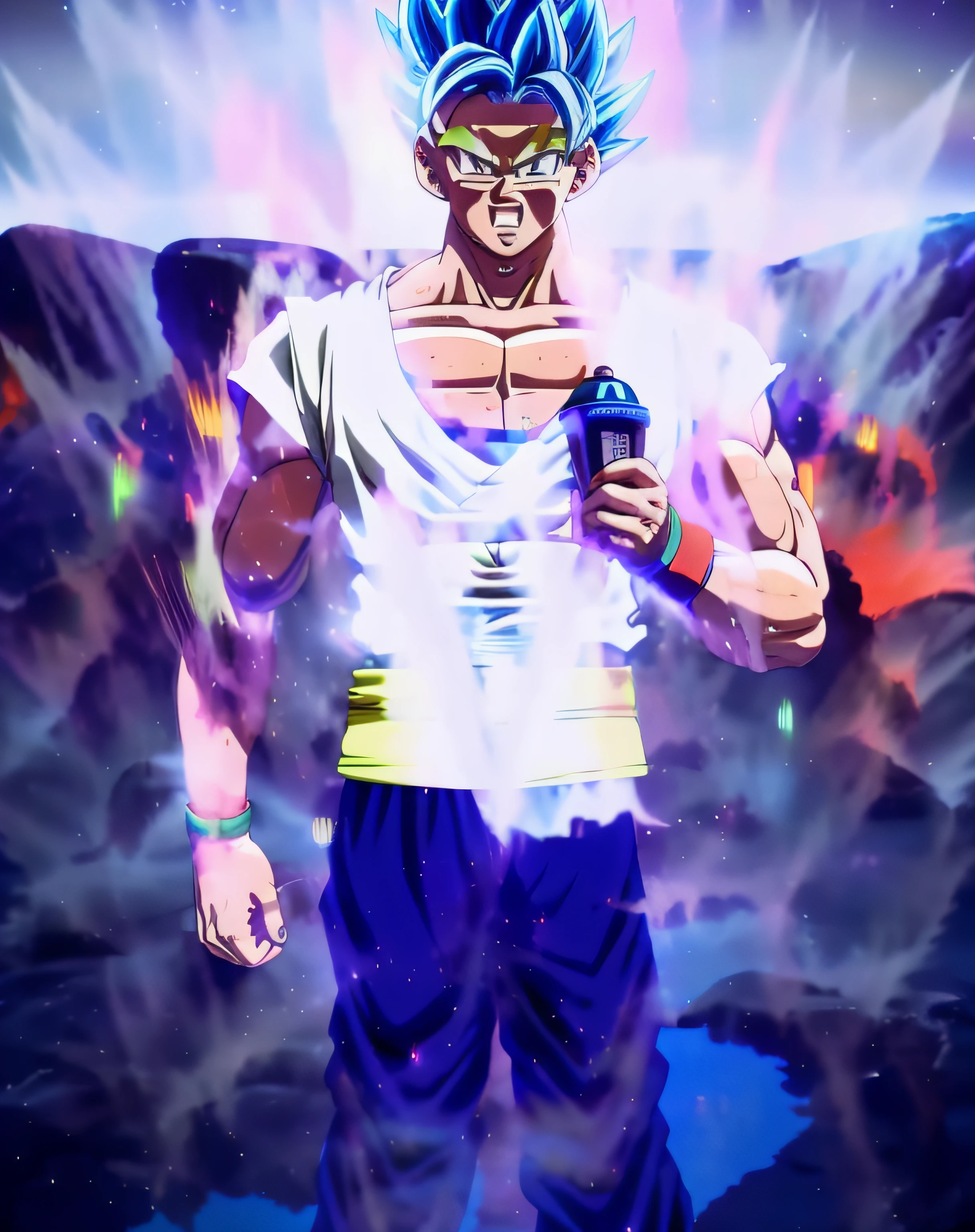 An award winning master piece photo of a son goku as super saiyan 4. standing on planet Vegeta at night(moons on sky:1.2). wearing neon-colored glowing goggles, 8k, (high quality:1.1), (cinematic feeling:1.1), dark deep shadows, incredibly intricate detailing, art , (up close:1.1), from above, looking at viewer, (light sparkles:1.1), (chromatic aberration,:1.2) background with floating light artifacts