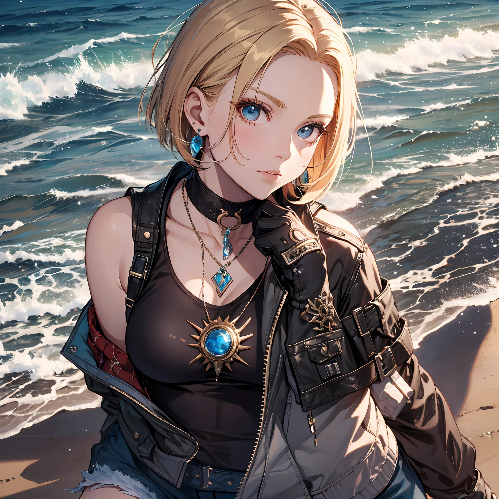 Steppiece, Best Quality, Ultra-detailed, Absurd, Portrait of cute android18DB, Realistic face, Solo, earrings, Jewelry, , brave, Eyeshadow closed, the beach, gloves, Necklace, Rock, Standing, fighting position, Volumetric lighting, Best Quality, masutepiece, Intricate details, tonemapping, Sharp Focus, Hyper Detailed　short pants　sleeveless