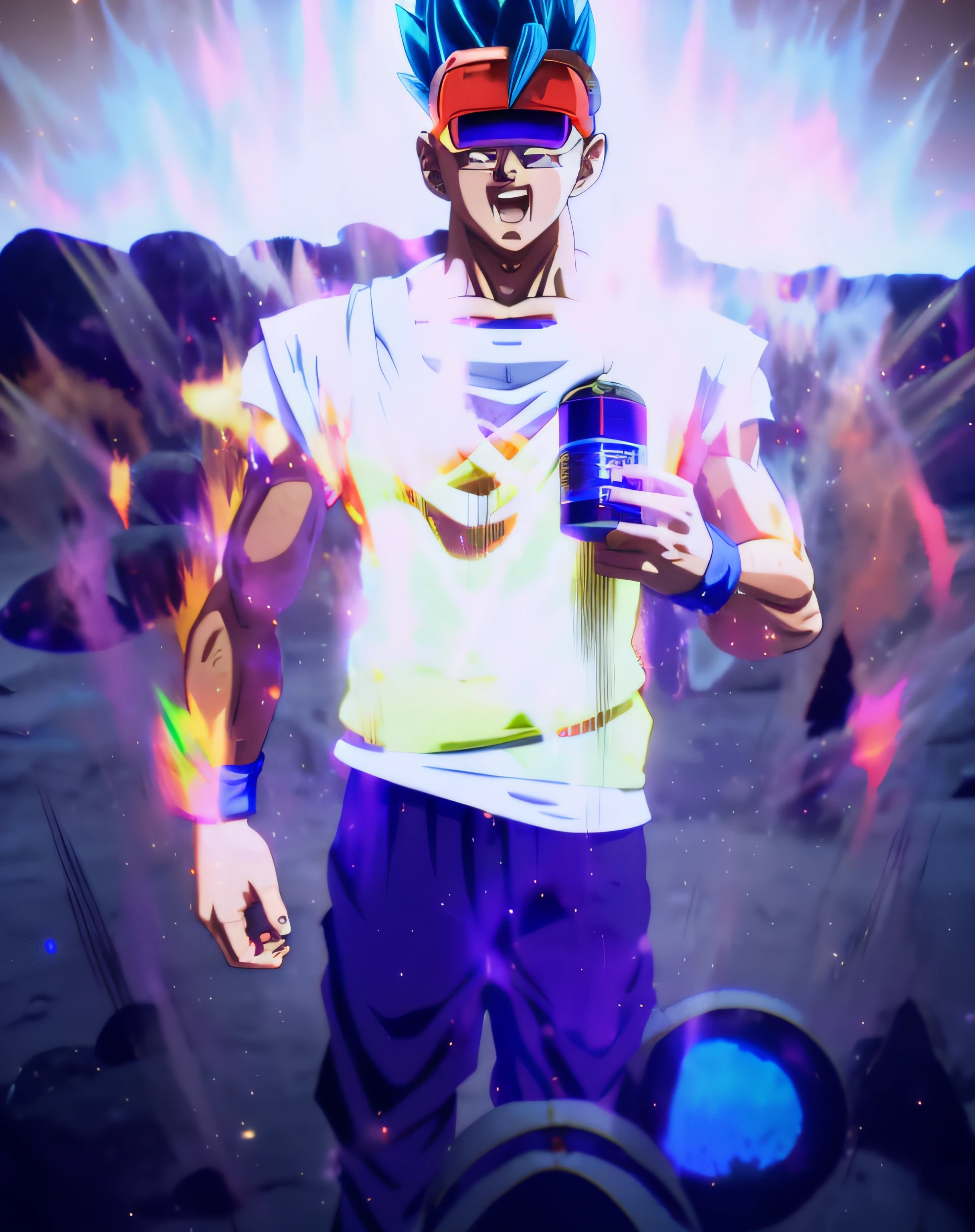 An award winning master piece photo of a son goku as super saiyan 4. standing on planet Vegeta at night(moons on sky:1.2). wearing neon-colored glowing goggles, 8k, (high quality:1.1), (cinematic feeling:1.1), dark deep shadows, incredibly intricate detailing, art , (up close:1.1), from above, looking at viewer, (light sparkles:1.1), (chromatic aberration,:1.2) background with floating light artifacts