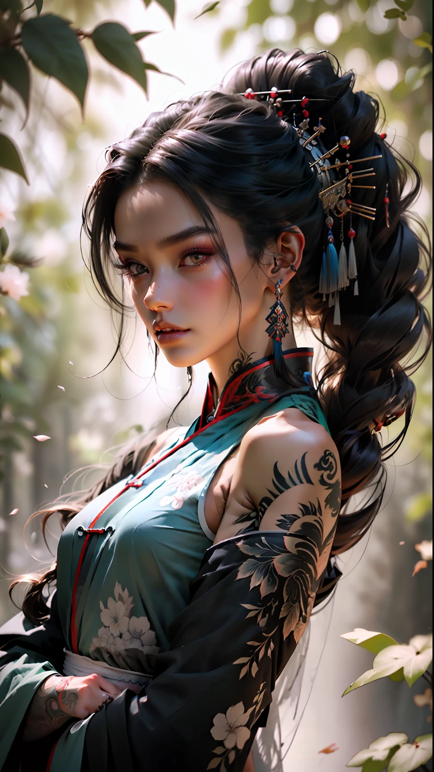 wuxia, arte vetorial, mulher 1ebony com tatuagens, cabelo preto, roupas brancas, ESTAMPA DE DRAGAO, TATUAGEM DE GRAGAO, super colorido, light coloration, claro, cinemactic, DOF, 35 mm, tinta luminosa
