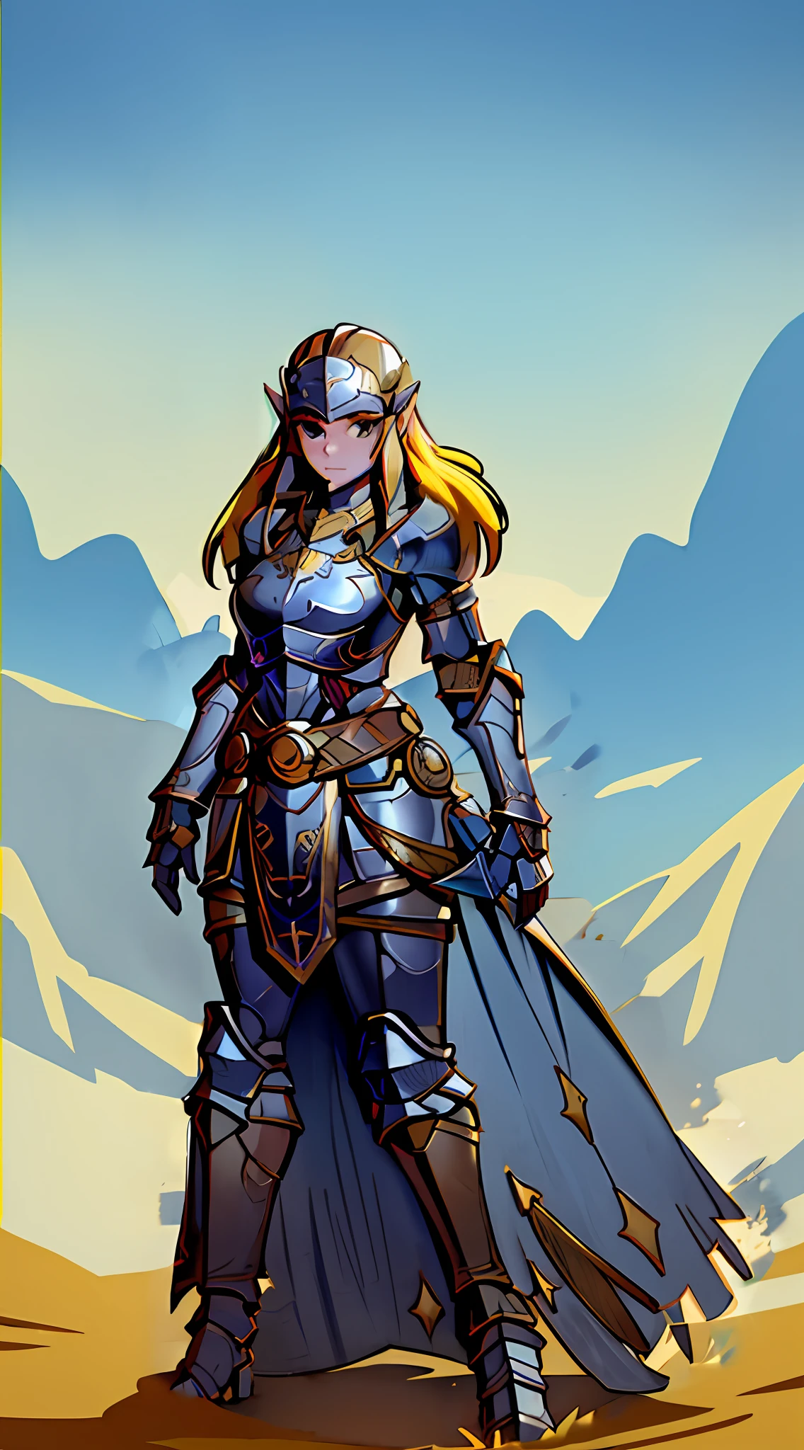 Botw Zelda wearing Heavy knight armor, Botw Themed Knight armor, Royal blue and gold body armor, thick armor plating, Gold accents with brown straps, brown belt with gold accents, Heavy Blue armor, Armored dress, Large knight armor, form-fitting knight armor, helmetless, helmet held in arm, wearing princess tiara, Botw Zelda looking at camera, Botw Zelda wearing thick knight armor with helmet, wearing heavy plate armor