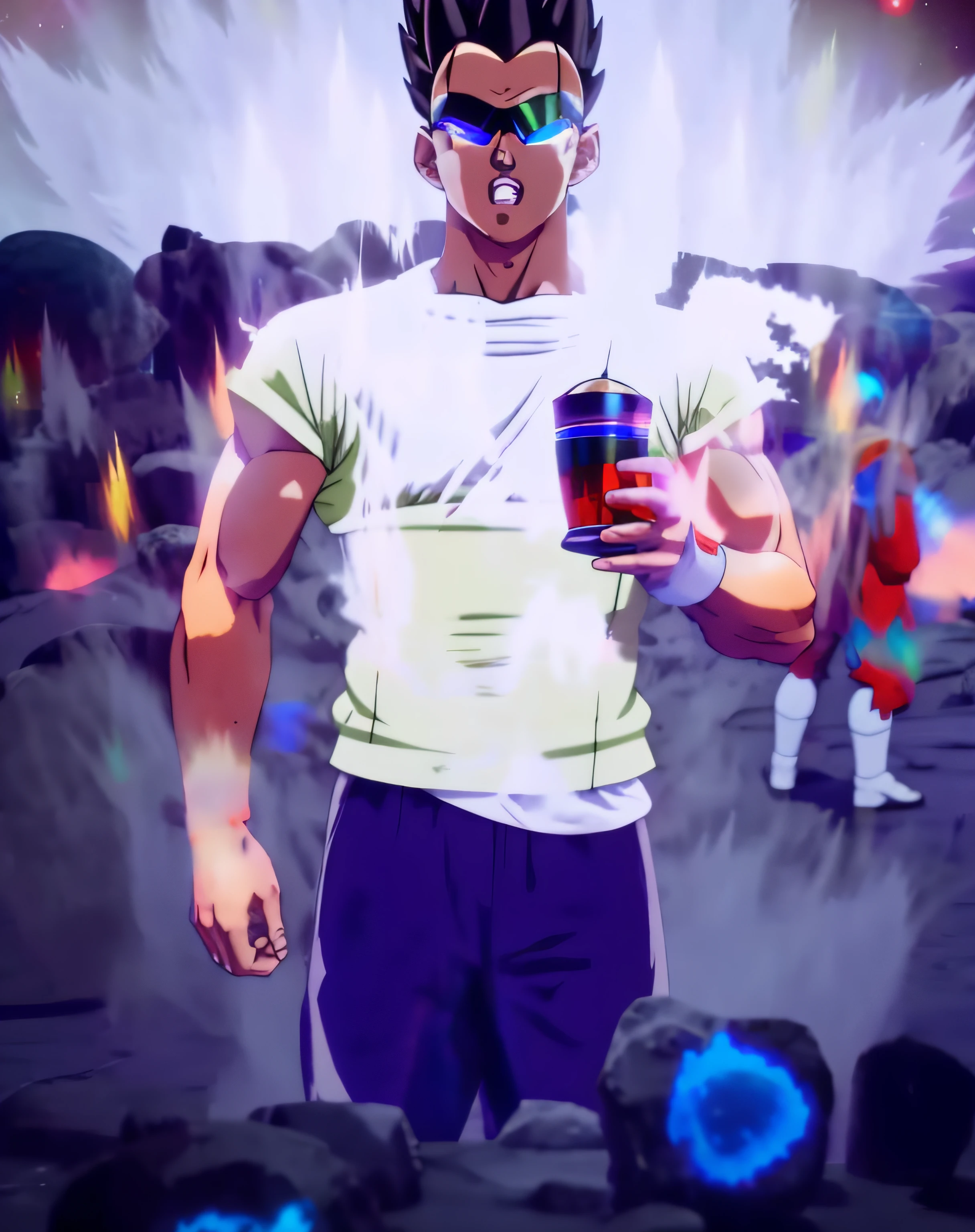 An award winning master piece photo of a super saiyan with psychedelic ki aura colors. standing on planet Vegeta at night(moons on sky:1.2). wearing neon-colored glowing goggles, 8k, (high quality:1.1), (cinematic feeling:1.1), dark deep shadows, incredibly intricate detailing, art , (up close:1.1), from above, looking at viewer, (light sparkles:1.1), (chromatic aberration,:1.2) background with floating light artifacts