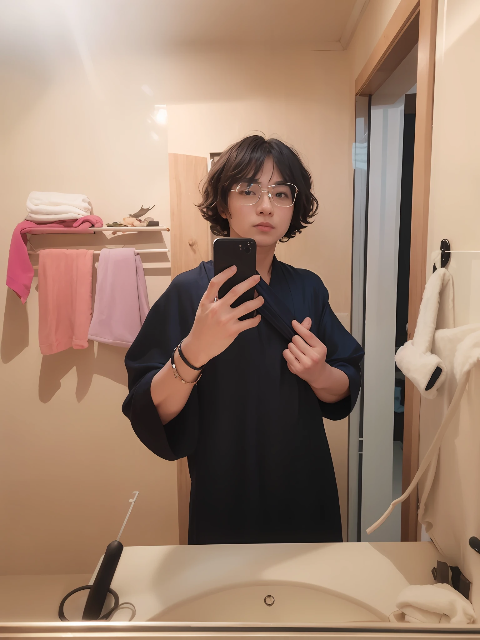 There is a man taking a selfie in the mirror, Men with short hair, Wear simple robes, Wear simple robes, Wearing a dark blue robe, 8k selfie photograph, Wearing a dark blue silk robe, standing in front of a mirror, In the blue robe, wearing dark silk robe, Wearing a black robe, wearing nanotech honeycomb robe, wearing dark robe, Wearing a blue robe