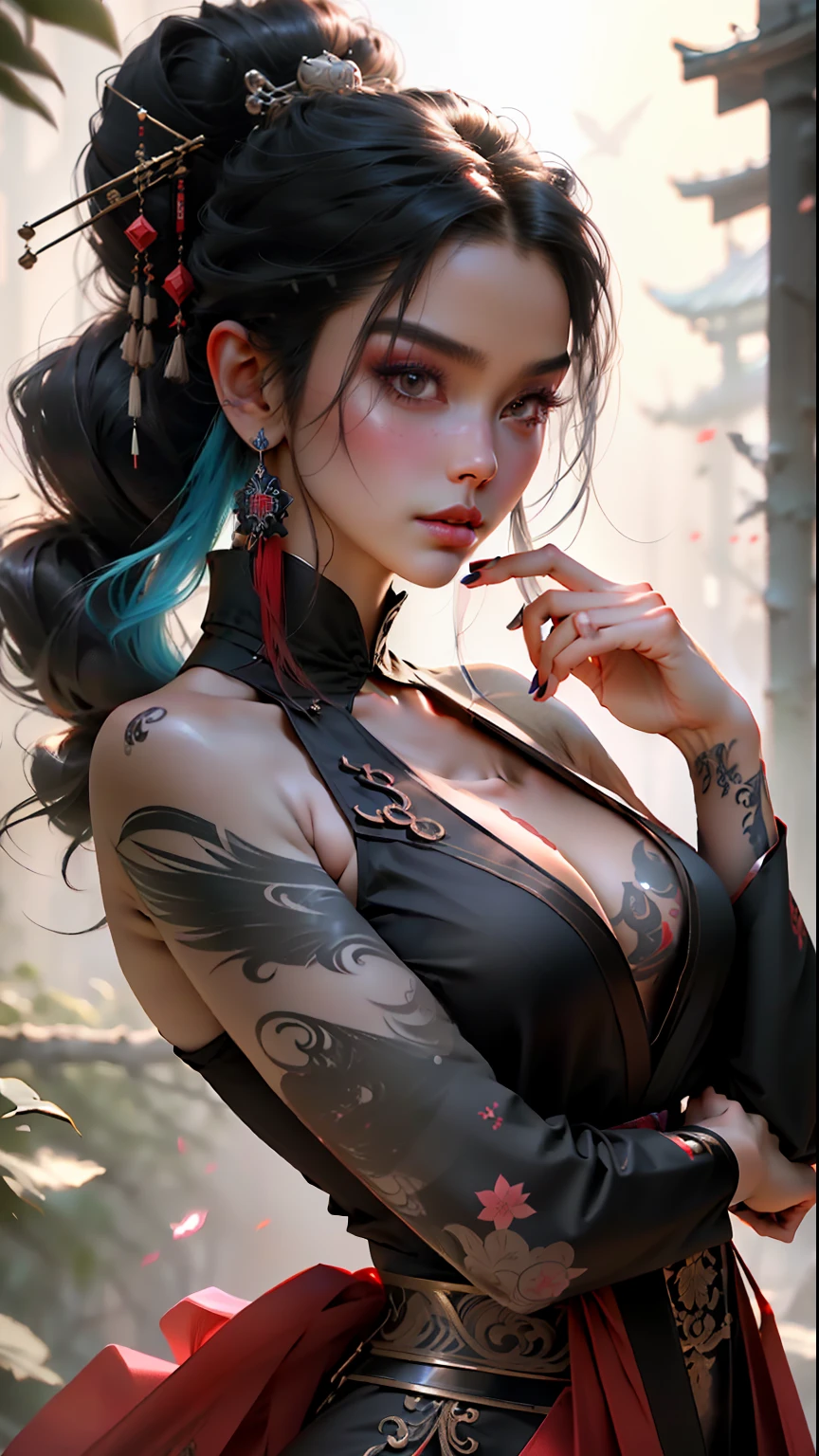 wuxia, arte vetorial, mulher 1ebony com tatuagens, cabelo preto, roupas brancas, ESTAMPA DE DRAGAO, TATUAGEM DE GRAGAO, super colorido, light coloration, claro, cinemactic, DOF, 35 mm, tinta luminosa