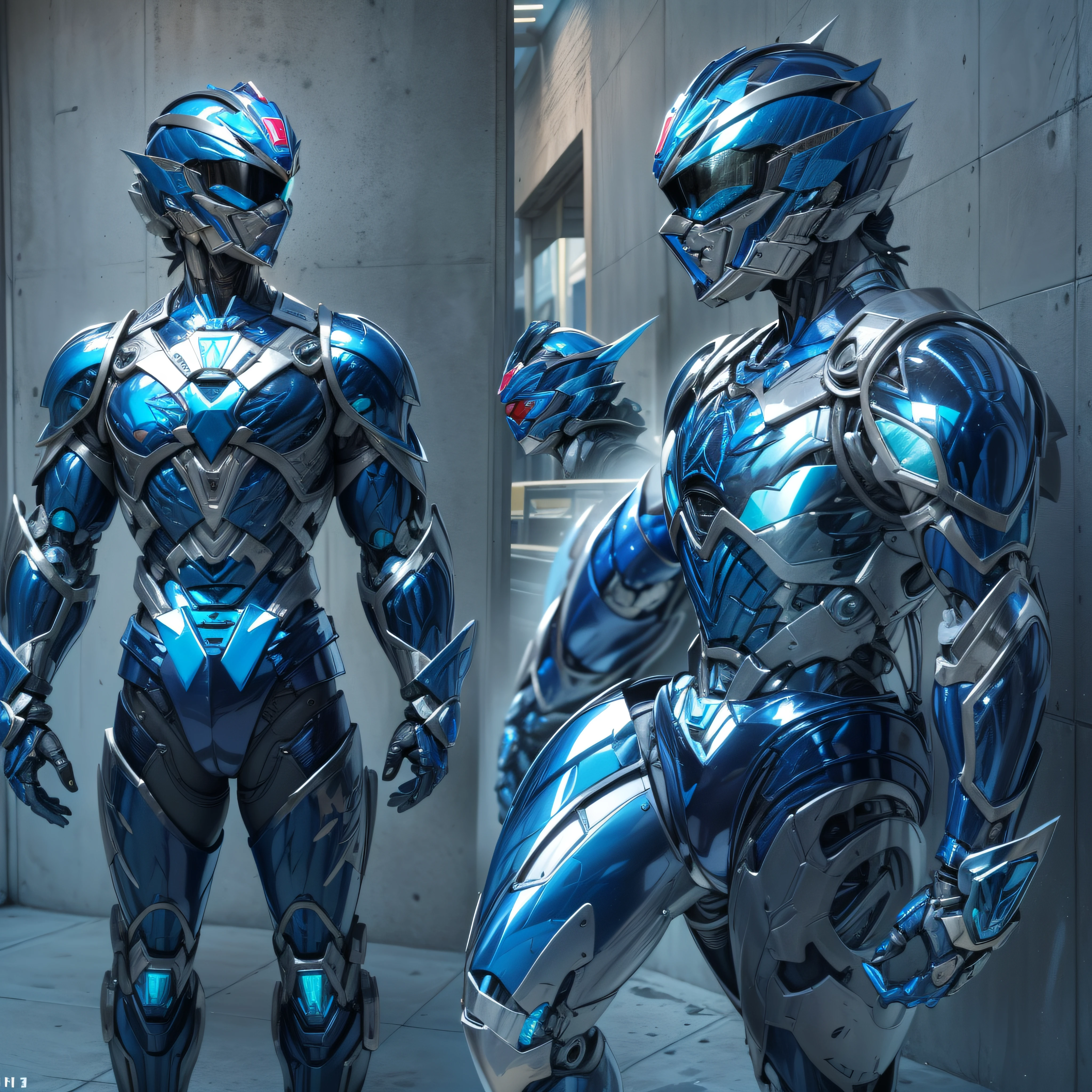 Handsome man, made of blue metal, (Blue Cyborg: 1.1), (((Blue Power Ranger's style helmet with chrome face plate))), ([Tail | Detail Wire]: 1.3), (Complex Detail), HDR, (Complex Detail, Ultra Detail: 1.2), Cinematic Shot, Masterpiece, Best Quality, High Resolution, Vaginal Foreign Object Insertion, Centering