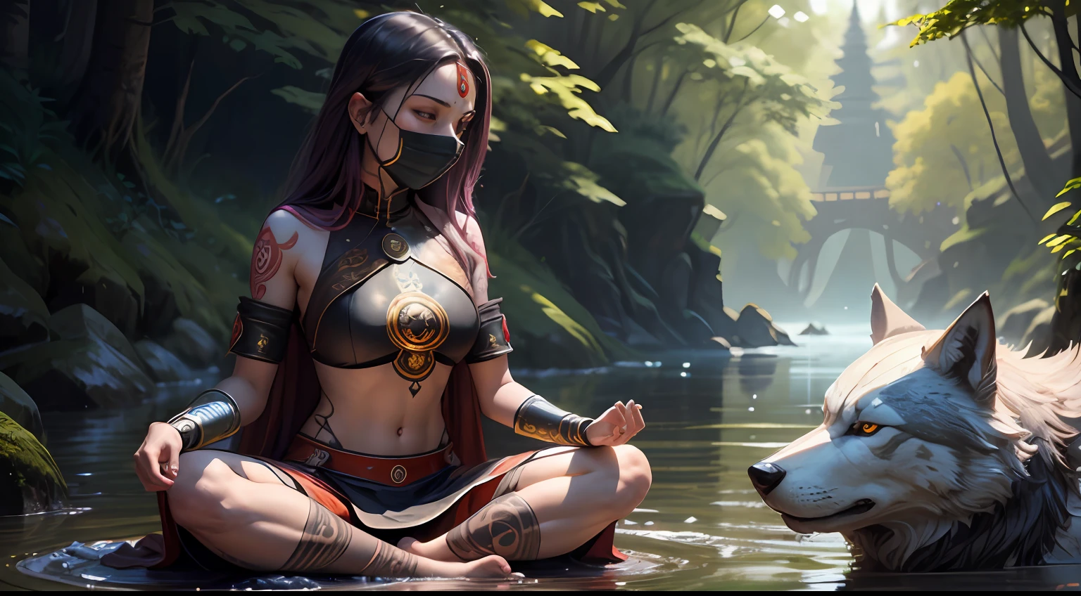 Young tantric priestess with tattoos of percings and an ironman mask on her body meditating in a river next to a wolf photo --auto