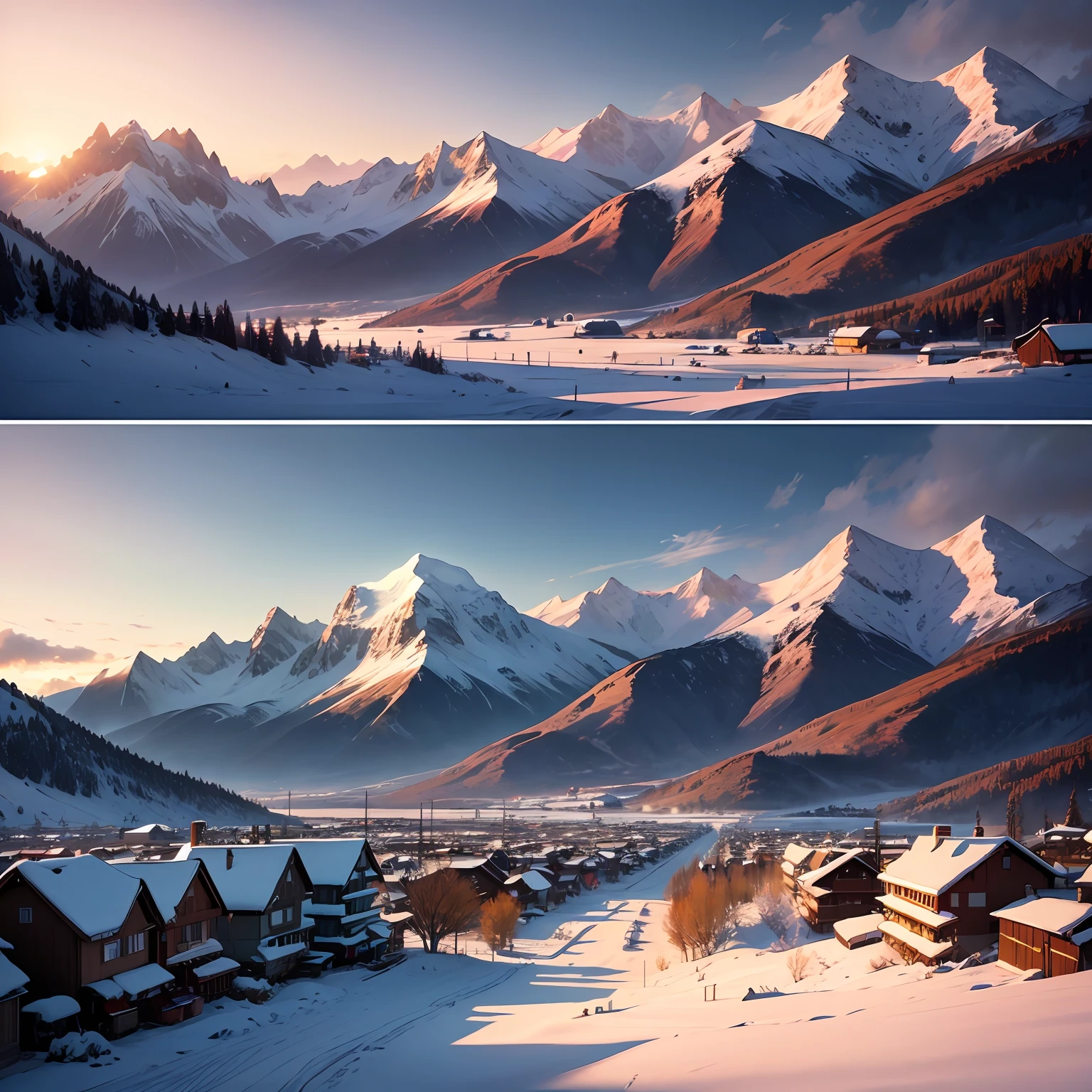 tmasterpiece,Large small town,In the distance are majestic snow-capped mountains,The sun rises and shines on the earth --auto