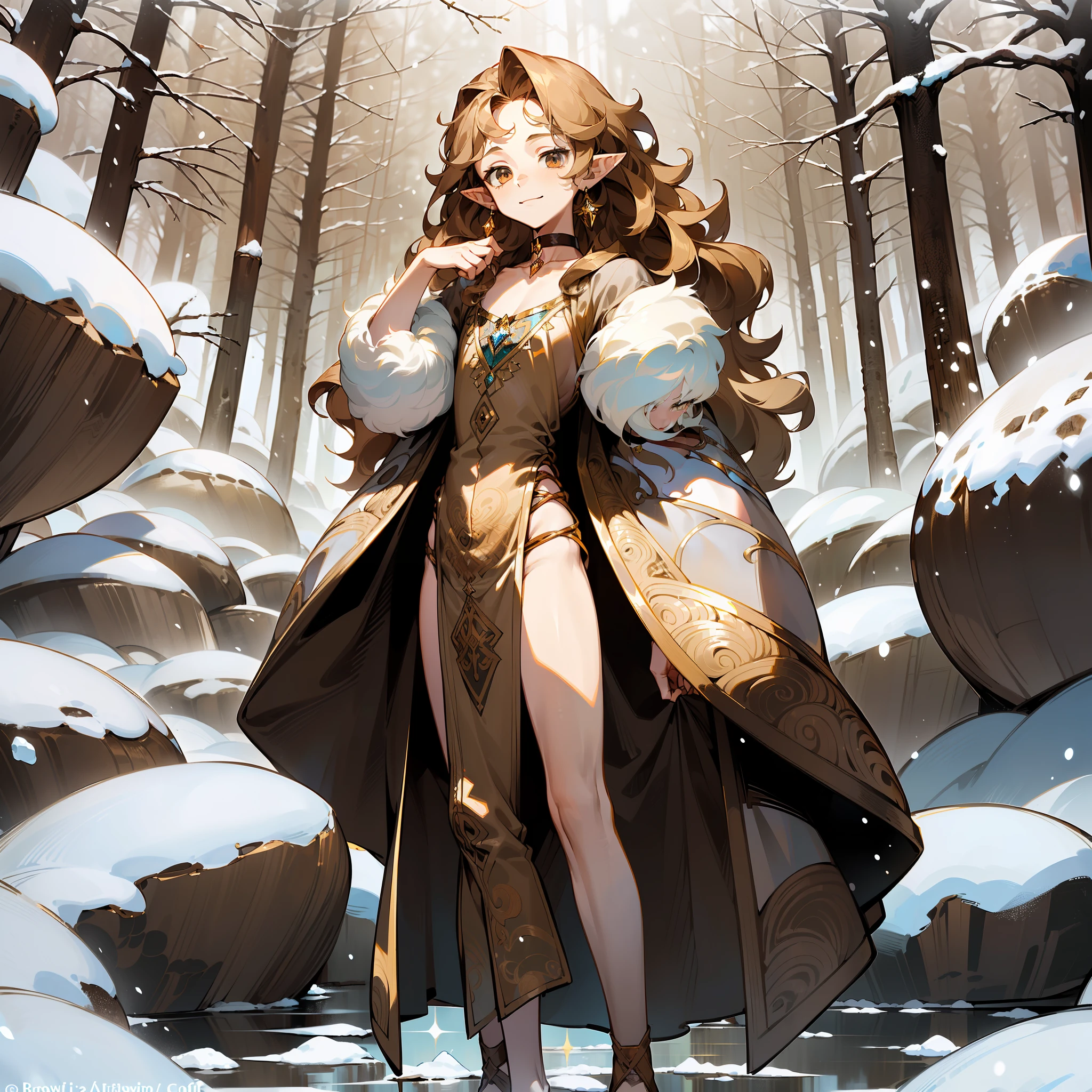 ((young man)), teenage boy, (((one person))), single, solo, ((slim body)), (((flat chest))), slender body, slim waist, ((pale skin)), (((light blonde hair))), ((pointy ears)), (((very poofy hair))), (((very fluffy hair))), (((wavy hair))), (((long hair))), ((full hair)), (((he has dark brown colored eyes))), (((dark brown colored eyes))), (((dark brown eyes))), cute face, ((fantasy style)), (((brown choker))), (smiling), big eyes, (((male))), guy, (((boy))), (((wearing fantasy style clothes))), (patterns on the clothes), magic, magical, (((brown colored clothes))), (((brown clothes))), embroidery on clothes, ((white colored crystal on the choker)), (bare legs), snowy rocks in the background, ((standing in a snowy forest)), snowing, sunny weather, bare feet, (standing in snow)