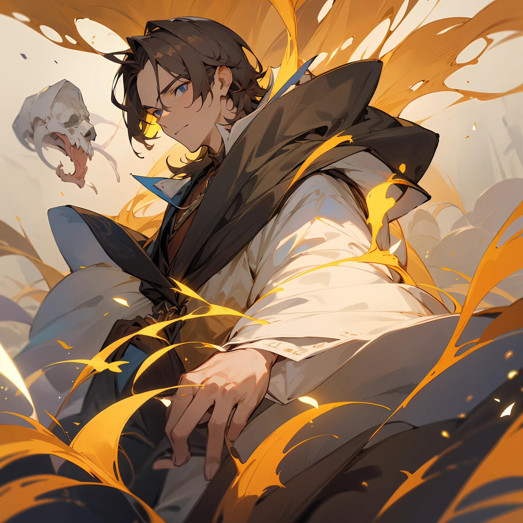 of a handsome man，Clear facial features，Dress up as a mage，Immerse yourself in an immersive game world in which the background is a formation