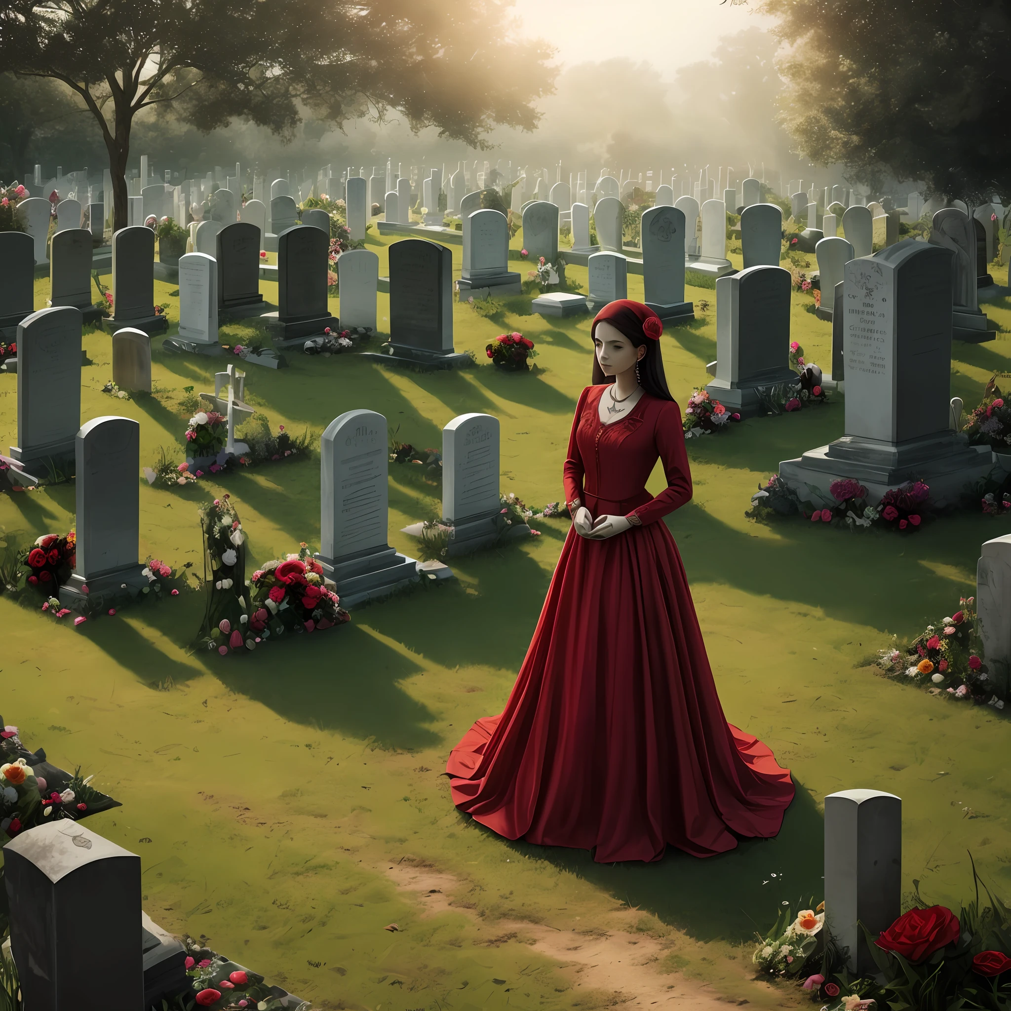 Create an image of an ancient cemetery and place a woman in red and a skull in her hand