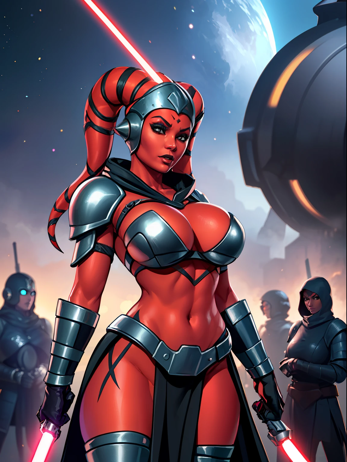 armor, busty, gigantic boobs, ((red skin), twi'lek), dual red lightsabers, evil space knight, space ninja, (wearing black robes, black stealth armor, breastplate, tunic, tabard, cowl, cloak, body glove, straps, buckles, skirts, long sleeves, fantasy, ((armor))), ((busty), slender body, thin, slim sexy body, slim waist, ((gigantic breasts))), Imperial starship, Star Wars,