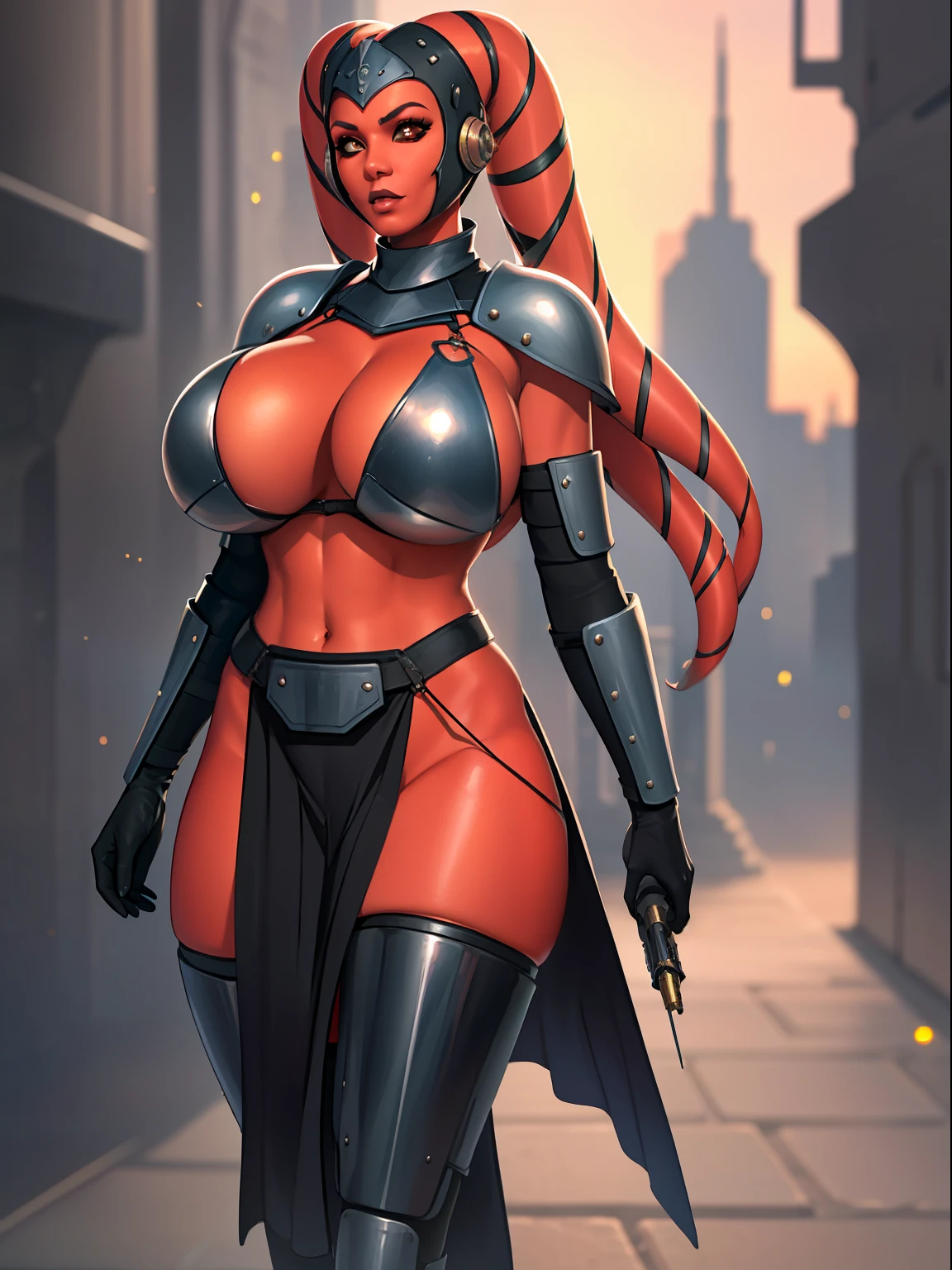 armor, busty, gigantic boobs, ((red skin), twi'lek), dual red lightsabers, evil space knight, space ninja, (wearing black robes, black stealth armor, breastplate, tunic, tabard, cowl, cloak, body glove, straps, buckles, skirts, long sleeves, fantasy, ((armor))), ((busty), slender body, thin, slim sexy body, slim waist, ((gigantic breasts))), Imperial starship, Star Wars,