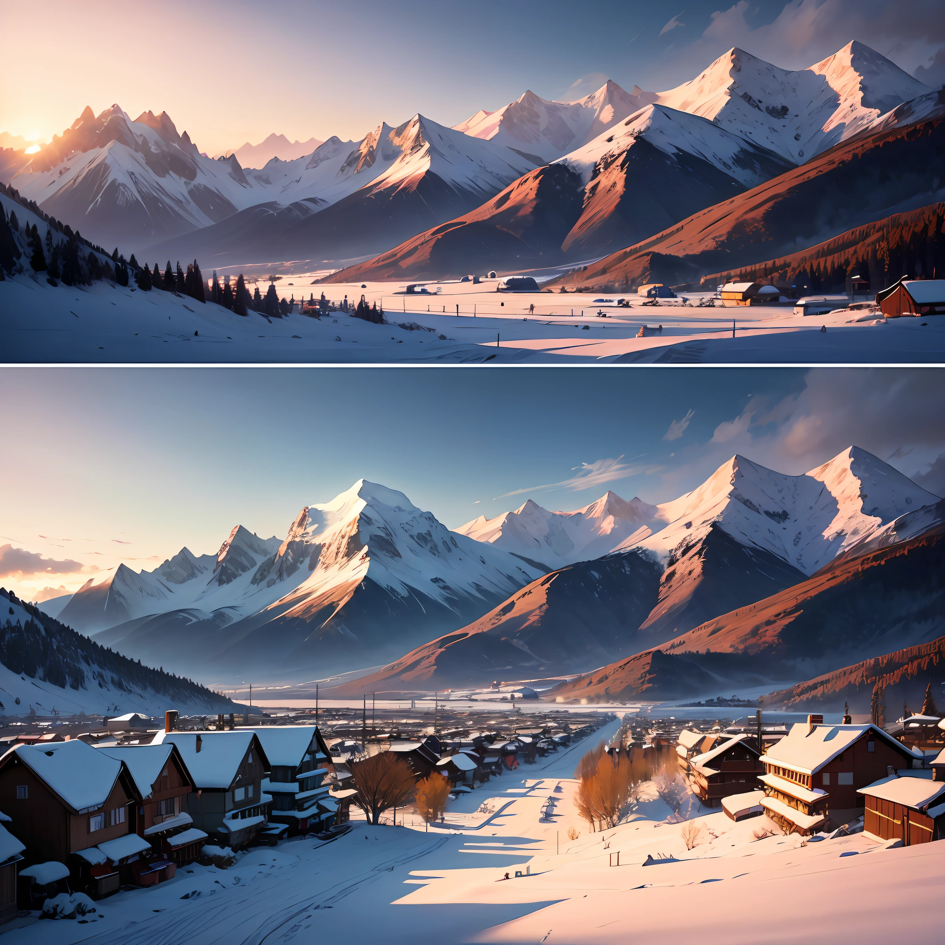 tmasterpiece,Large small town,In the distance are majestic snow-capped mountains,The sun rises and shines on the earth --auto