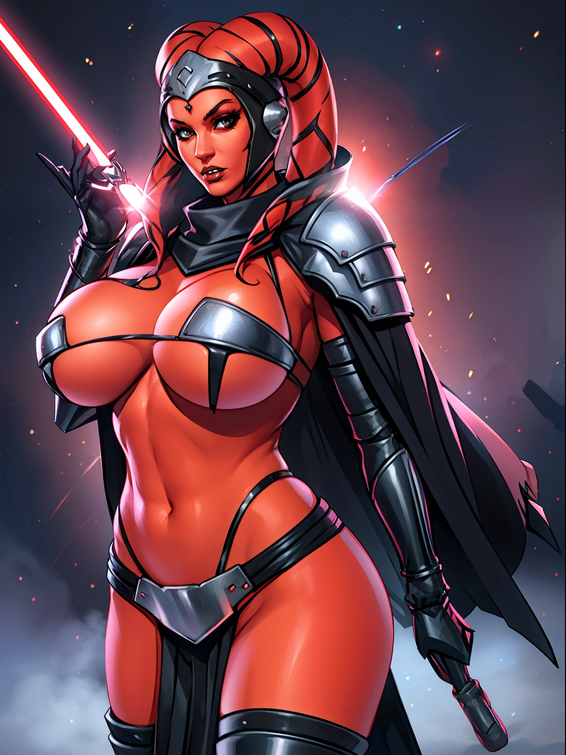 armor, busty, gigantic boobs, ((red skin), twi'lek), dual red lightsabers, evil space knight, space ninja, (wearing black robes, black stealth armor, breastplate, tunic, tabard, cowl, cloak, body glove, straps, buckles, skirts, long sleeves, fantasy, ((armor))), ((busty), slender body, thin, slim sexy body, slim waist, ((gigantic breasts))), Imperial starship, Star Wars,