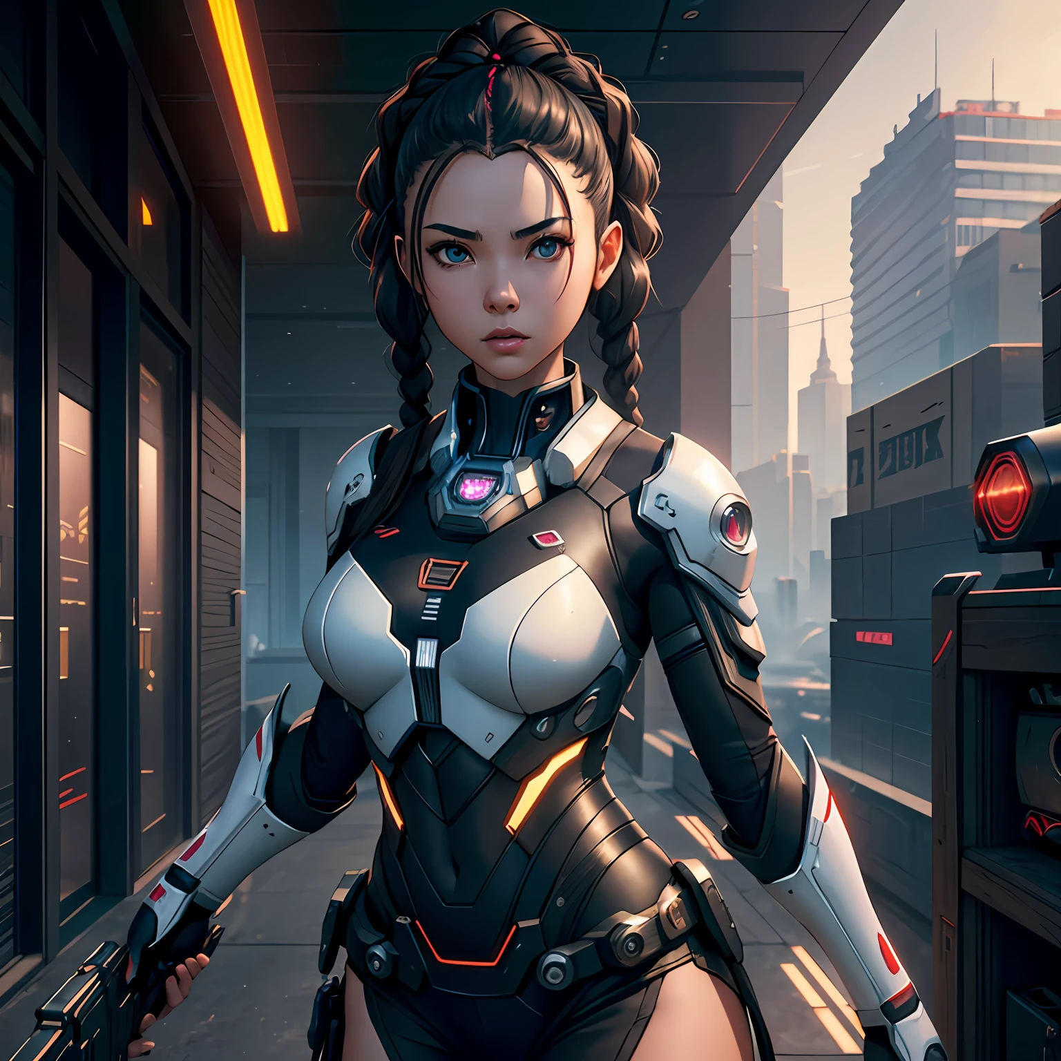 ((Best quality)), ((masterpiece)), (detailed:1.4), 3D, an image of a beautiful cyberpunk black female with braids on head,HDR (High Dynamic Range),Ray Tracing,NVIDIA RTX,Super-Resolution,Unreal 5,Subsurface scattering,PBR Texturing,Post-processing,Anisotropic Filtering,Depth-of-field,Maximum clarity and sharpness,Multi-layered textures,Albedo and Specular maps,Surface shading,Accurate simulation of light-material interaction,Perfect proportions,Octane Render,Two-tone lighting,Wide aperture,Low ISO,White balance,Rule of thirds,8K RAW, anime - style woman in a white and black outfit with a gun, by Yang J, chengwei pan on artstation, guweiz on artstation pixiv, by Zeng Jing, cyborg merchant girl, [ trending on cgsociety ]!!, fanart best artstation, cute cyborg girl, stunning cgsociety, by Yang Jin, trending on cgstation --auto