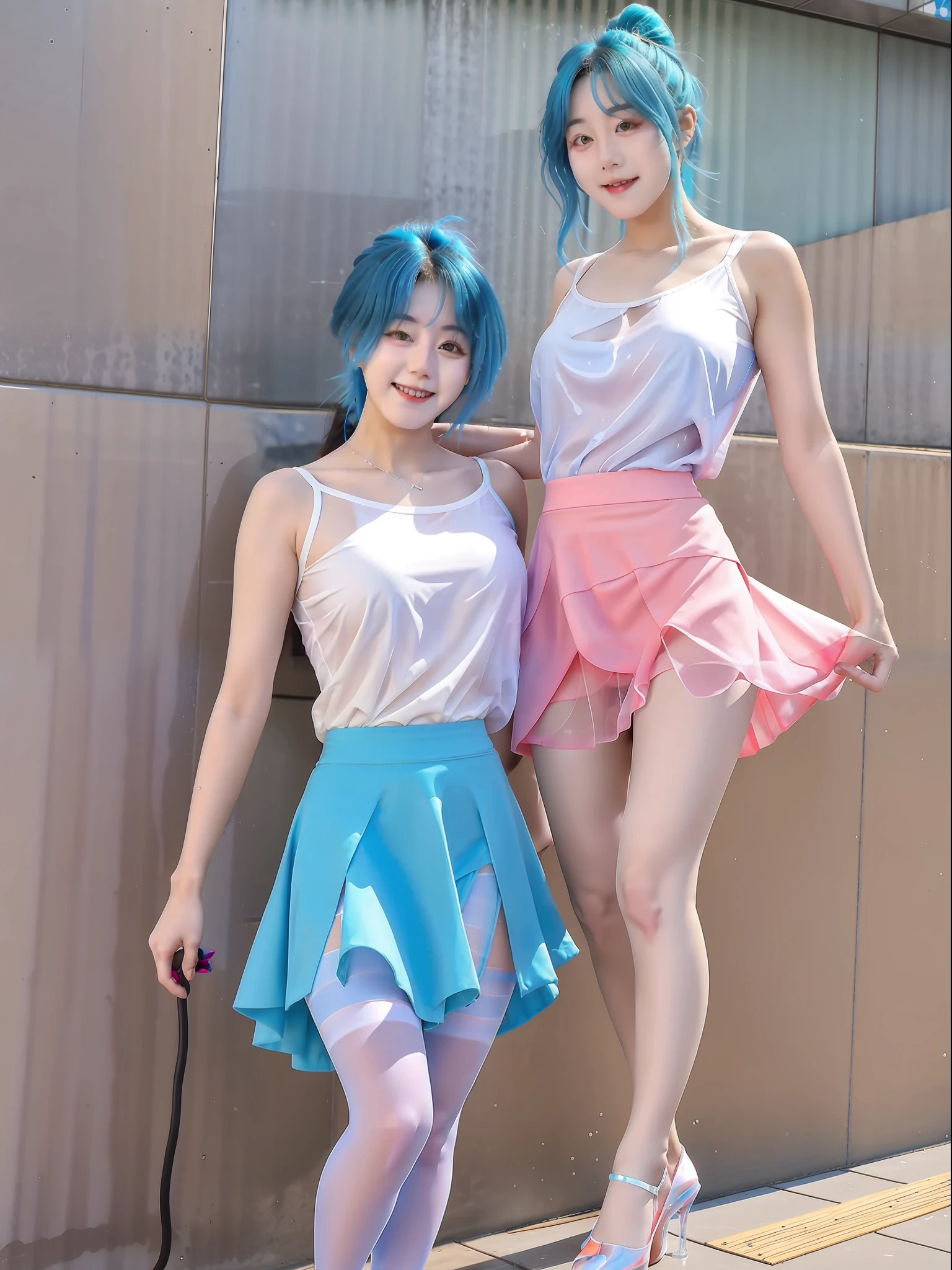 South Korean beauties,One meter eight,On the walls,standing on your feet,Blue hair,huge tit,Wet water all over the body,Bare shoulders,Translucent extra-short shirt,Translucent skirt,Miniskirt,Blue slim stockings,slenderlegs,Straight legs,Comic leg,high-heels