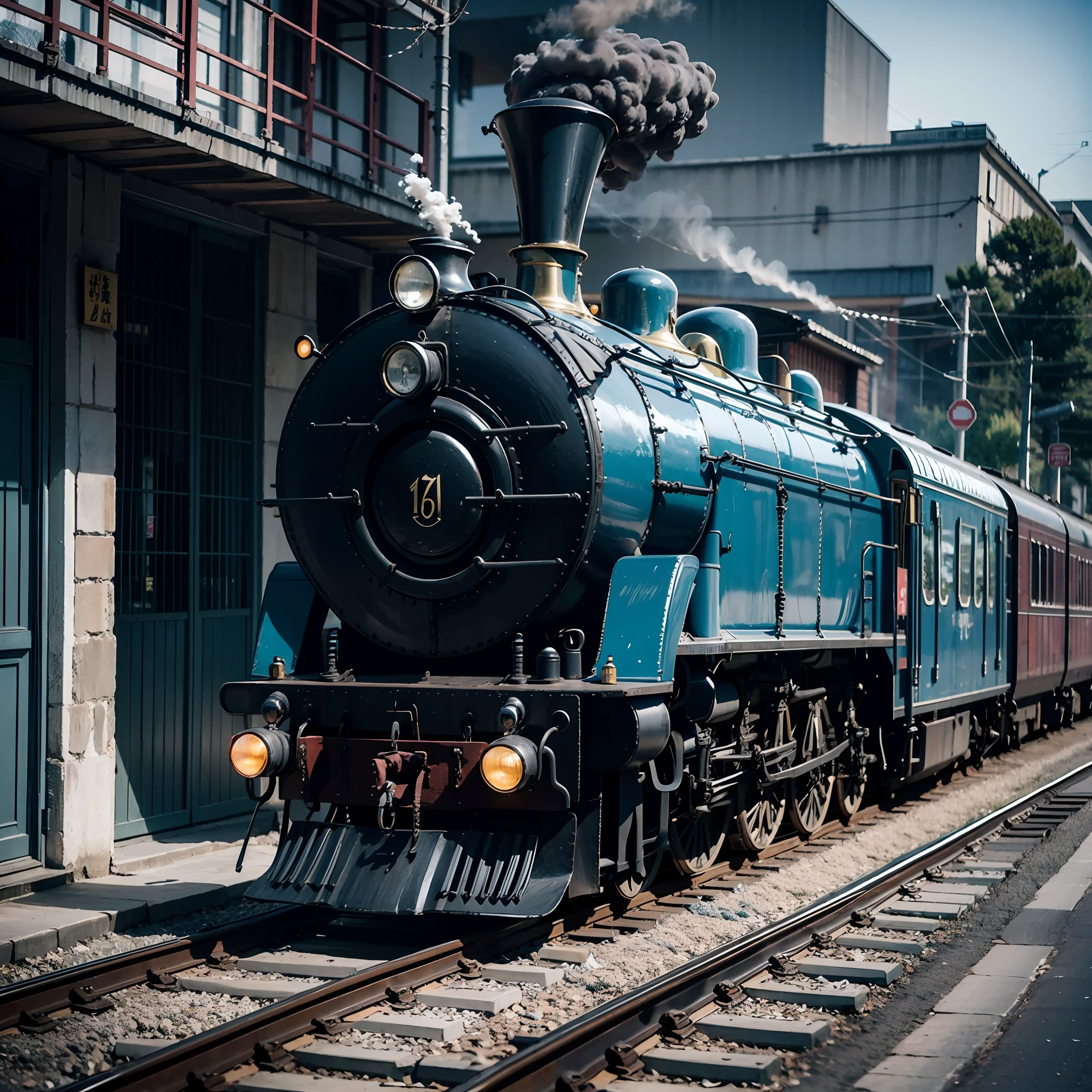 A steam train ready to pit into the station，The front of the car is black，Mounted with a blue carriage，Taiwan streets，
