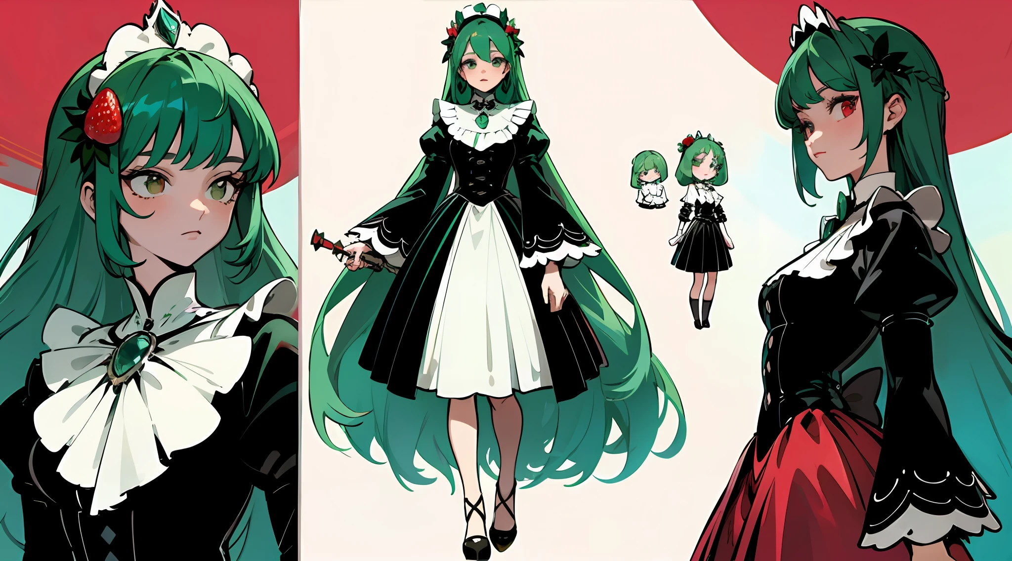 Three-view of roles，character  design，Character design，Three View，full bodyesbian，frontage，Lateral face，on  back，Set，Lolita prostitute，Very gorgeous，Maximalism，extreme hight detail，RococoStyle，Super long hair，Complex accessories，Complex hairstyles，Strawberry theme，dark red color，green color，strawberry hair ornament，Strawberry-shaped gemstone，Skirts of various materials，Different fabrics，Dark green hair，sceptre