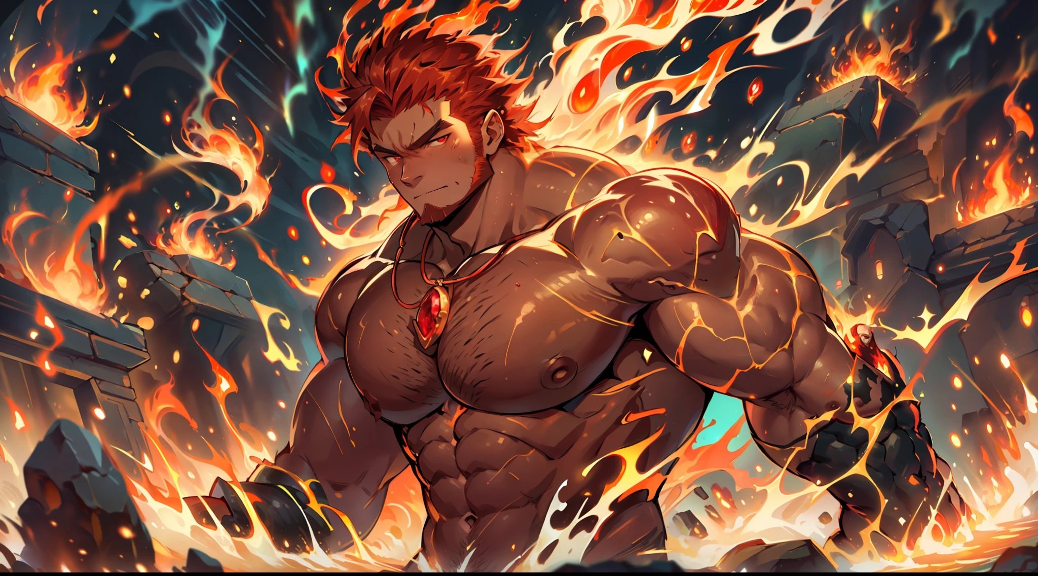 (masterpiece: 1.2), (very detailed: 1.2), (perfectly detailed), (very detailed and beautiful: 1.1) solo, 1 boy, male only, muscular male, Michelangelo style, scorching hell, sea of flames, (Mens tanga, outline of lid, swelling of underwear), naked, full nudity, statue, lava stone male statue, flame spirit, flame spirit king, true black skin, melting Rock skin, hypermuscle, huge body, humanoid, non-human, red burning fire body, fluorescent red glowing ruby eyes, red burning trimmed fire hair with sparks, shimmering fire texture, red burning fire beard, ruby jewels buried in body, adult man, manly expression, super buff handsome muscle guy, huge pectoral muscle, hyper muscle, beefcake, drifting heat, burning world, Fatherhood, Fatherhood, Hot Burning Lava, Texture Bursting Flame Fires, Volcanic Heated Magma, Hot lava flow,Hyper Pecs, fireMagicAI,