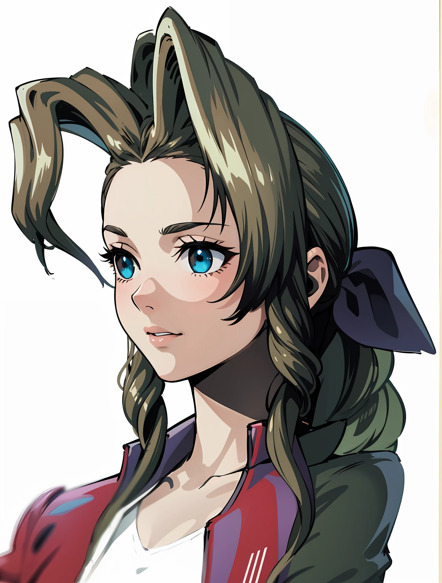 Aerith, brown hair, (Masterpiece : 1,8), 64k quality, final fantasy artwork concept, detailed manga eyes, detailed hair, detailed clothes, detailed body, cleaner designs, detailed face pronounced, shiny objects like jewels, see creases on clothes, more coherent clothing, more rounded eyes transparent liquid globular, more colors, more coherent clothing , correct the features of the clothes, better eyes contour, better shoulders, really colorful, coarser line, black line, finishing . (coarser line) (black line) (homogeneous rendering: 1.3)