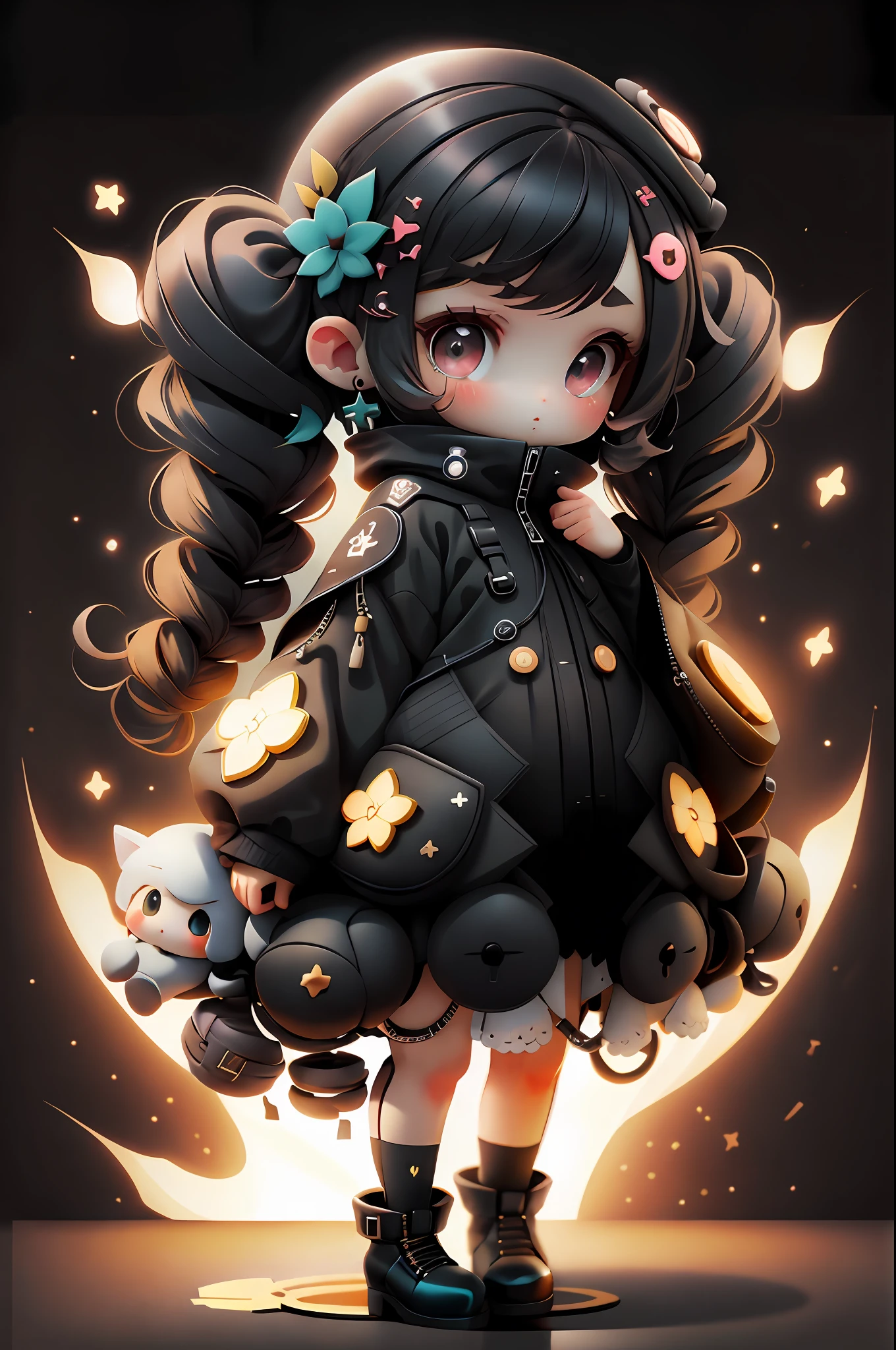 plastican00d, 1girl in, Chibi, Black, twin drills, Black, Magnificent,Looking at Viewer, Panel background