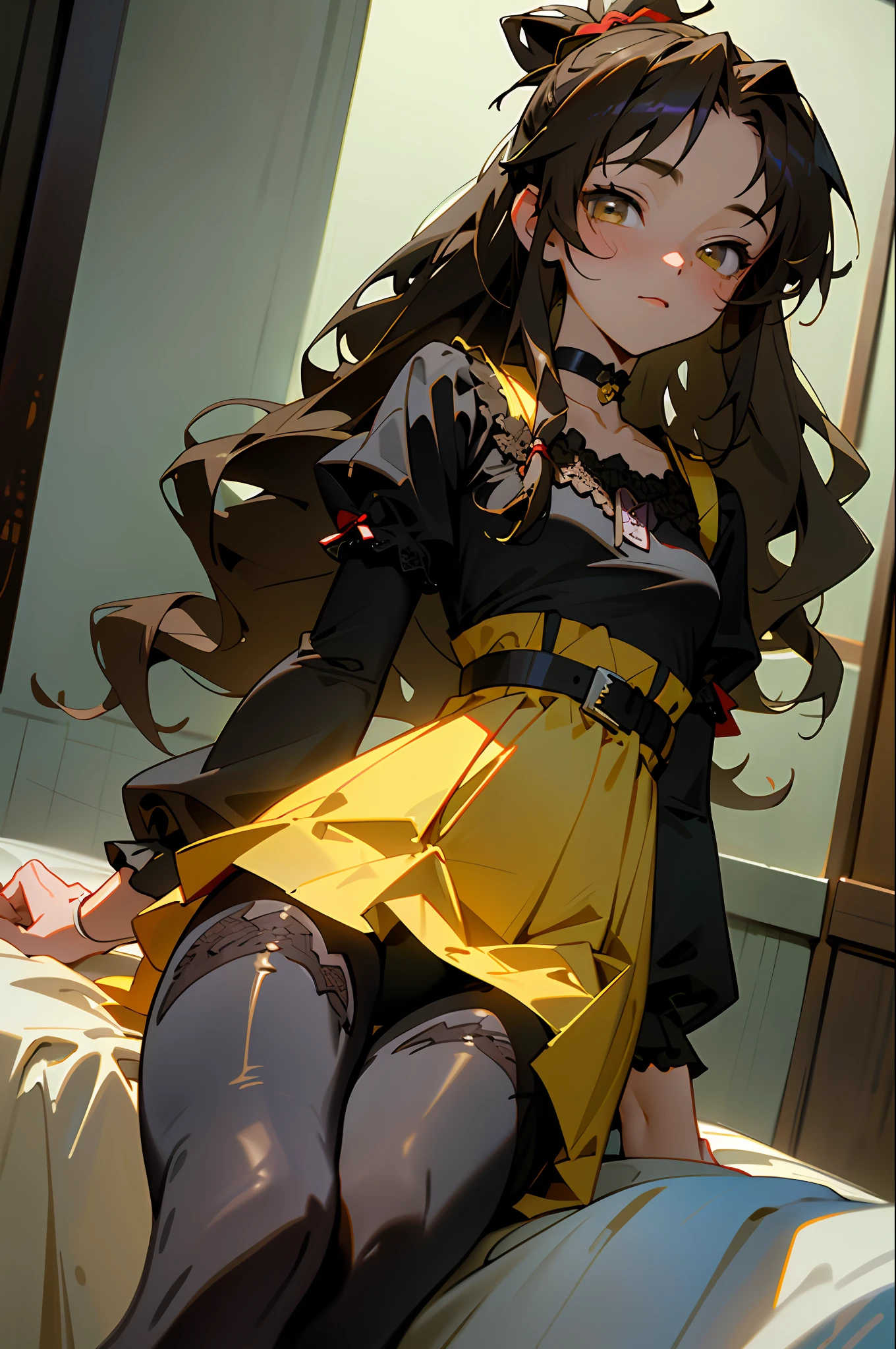 (top-quality:1.1), (​masterpiece:1.4), (absurderes:1.0), portlate, a closeup,
1girl in、yuuki mikan、brown haired、yellow  eyes、hair adornments、length hair、top knot、hair wavy、small tits、Black lace underwear、garterbelts、fishnet tights、a choker、looking at the viewers、Bedroom