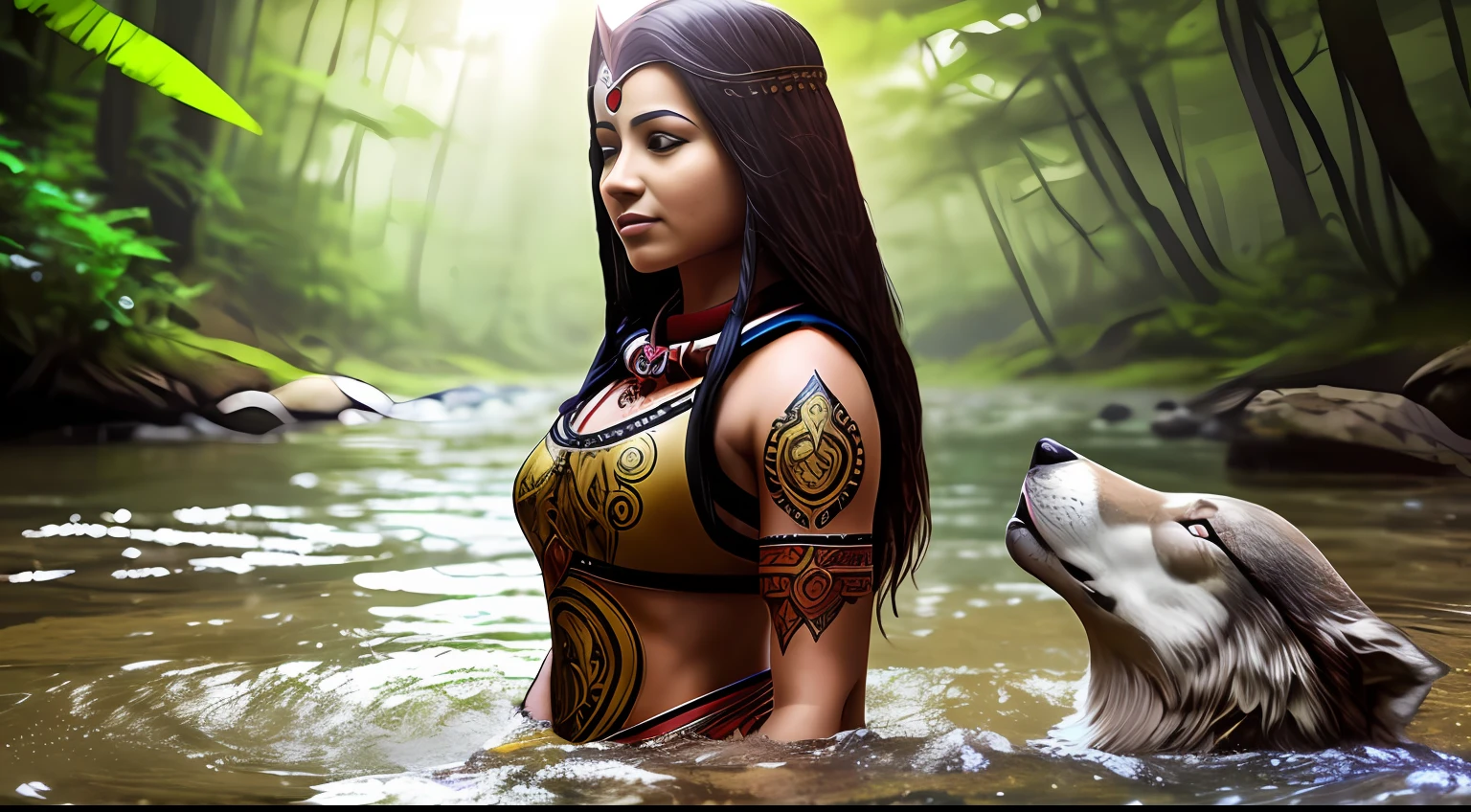 Young tantric priestess with percings tattoos and an ironman mask on her body meditating in a river next to a photorealistic wolf --auto