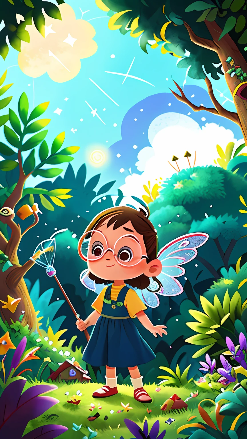 Beautiful little fairy, wearing a lovely indigo blue dress, wise, wearing glasses, calm, under a starry night, at night, with a night sky full of stars, holding a magic wand, flying, in the middle of the enchanted forest, with beautiful wings on her back, with wings, with a night sky in the background, perfect quality, clear focus (mess - house: 0.8), (masterpiece: 1.2) (Realistic: 1.2) (Bokeh) (Best quality) (Detailed Skin: 1.3) (Intricate Details) (8K) (Eye Detail) (Sharp Focus)