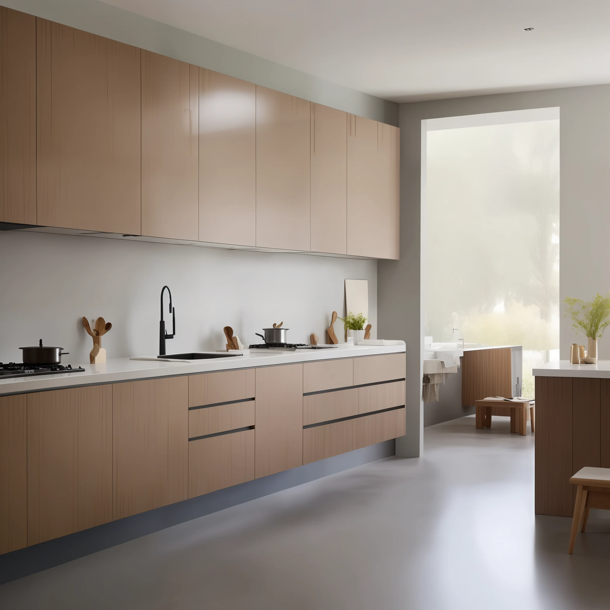 Como arquiteto de interiores, Minimalist style is an elegant and functional approach to designing a kitchen. The concept of minimalism is based on simplicity, in the organization and emphasis on the quality of materials and essential elements, resultando em um ambiente limpo, calmo e sofisticado.
Here are some ideas and principles that could be applied to idealize a minimalist-style kitchen:
1. Paleta de cores: Opte por uma paleta de cores neutras, como branco, cinza, bege ou tons terrosos. Evite cores vibrantes e estampas chamativas. The simplicity and serenity of neutral colors reflect the essence of minimalism.
2. Clean and clear design: Priorize um design limpo, sem muitos detalhes ornamentados. Smooth, flat surfaces with few embellishments are characteristic of minimalism. Hide wires and cables to keep the space organized.
3. Armazenamento inteligente: Minimalism emphasizes organization and the absence of disorder. Use built-in cabinets and smart storage systems to keep utensils and appliances out of sight when not in use.
4. Materiais de qualidade: Escolha materiais de alta qualidade e durabilidade. Stone surfaces, Stainless steel and wood are common in the minimalist style.
5. Adequate lighting: Lighting plays a crucial role in creating a minimalist atmosphere. Prefer soft, well-distributed lights that enhance the simplicity of the space.
6. Integrated appliances: Opt for built-in appliances or integrated into the kitchen structure, to maintain a cohesive and unobtrusive appearance.
7. Functional furniture: Choose functional furniture and simple lines. Avoid bulky or overly ornate pieces.
8. open space: The minimalist philosophy values open space. Avoid crowding of unnecessary furniture and decorative objects, giving preference to free and spacious areas.