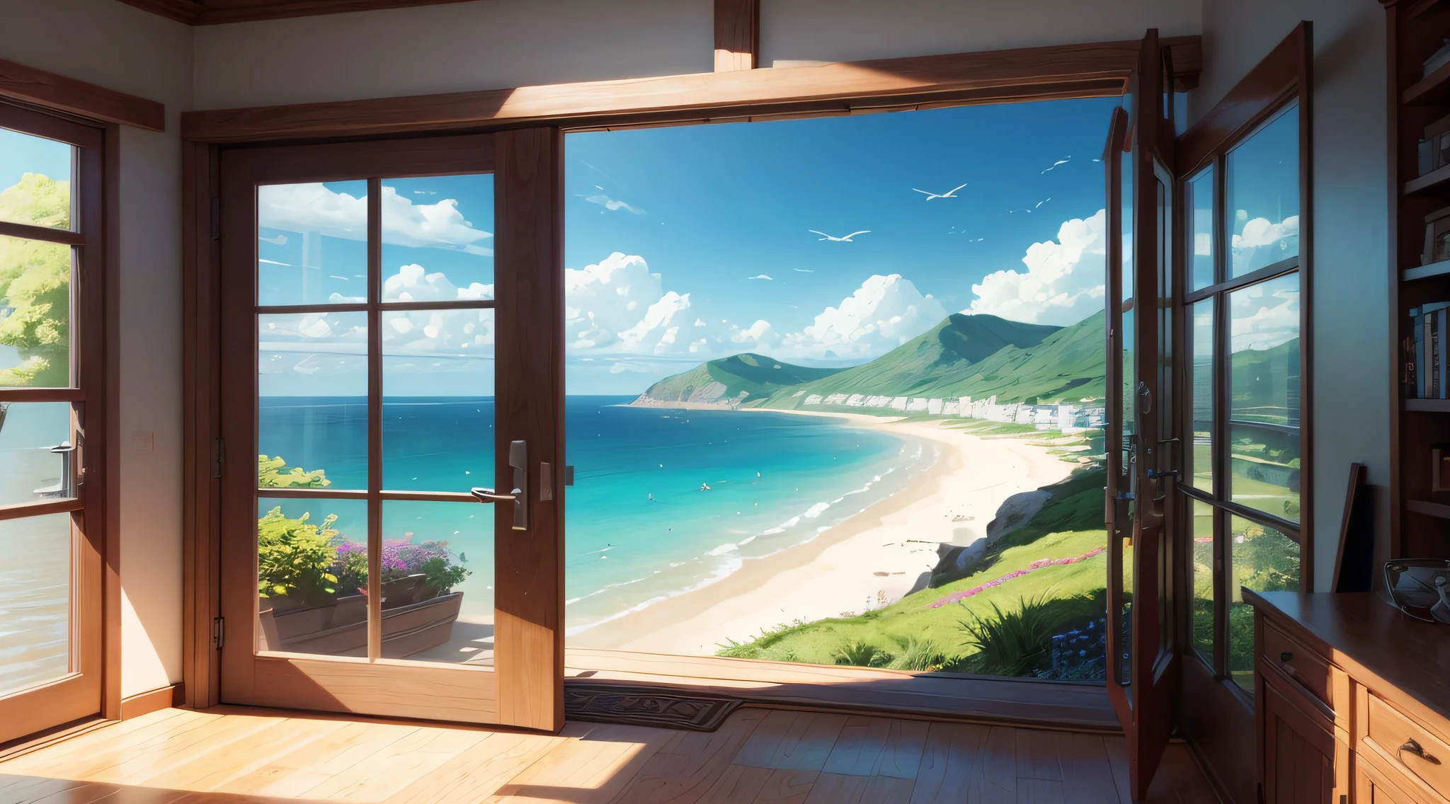 「Paint an enchanting seaside landscape」 Scene by the Sea、Express yourself in a realistic painting style。Under the clear blue sky、Imagine a beautiful landscape that is quiet and reassuring, as if you could hear the sound of the waves..。Incorporate fantasy elements such as plants swaying in the wind and distant islands and ships,、Create works that make you feel dreamy and mysterious。This work is、Tickle the adventurous spirit of exploration、Our goal is to::、It's about creating an engaging world that stays in the viewers' hearts.。Aspect ratio16:Generates 9 images