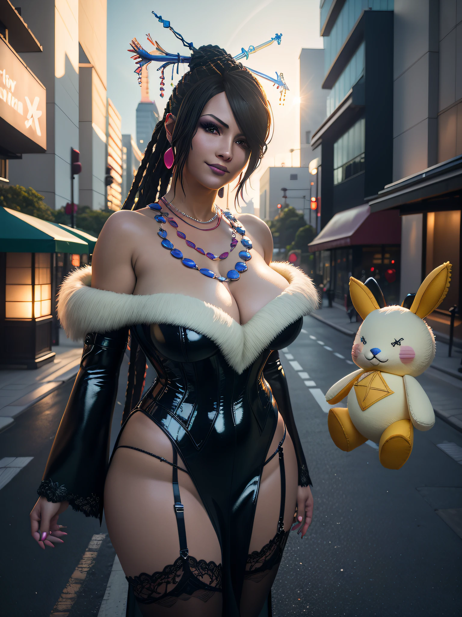 remastered best-quality definitive masterpiece realism exact photo of mature MILF Lulu (Final Fantasy X), half body, portrait, night city, casino, 1 sexy mature woman, strapless playboy leotard with garter strap, fake bunny ears on a headband, realistic anime-anime, true 3D, Japan, pixar, realistic, busty girl, smiling, beautiful, colourful, neon lights, holding a stuffed moogle doll, smooth skin, illustration, artstation, art by stanley lau and artgerm, sideways glance, foreshortening, extremely detailed 8K, smooth, high resolution, ultra quality, highly-detailed eyes, highly detail mouth, highly detailed face, perfect eyes, both eyes are the same, true light, glare, slight Iridescent, Global illumination, real hair movement, real light, real shadow, real face, hd, 8k, 16k, realistic light, realistic shadow, bright Eyes, fluorescent eyes, latest graphics, unreal engine 5, Altas, 3D Graphics Resolution: 100%, Anti-aliasing, High Texture Filtering, high Shadow Quality, High Model LOD, Bloom Effect, High Character Texture Quality, Ambient Occlusion, Pre-compiled Shaders, true depth, infinite focus, HDR, Realtime, UHD upscaling, Ultra HD, 1440p Ultra, hyper-realism, absurdres, highly-focused character, Character as set subject and focal point, subsurface light-scattering, smooth lighting, there is a woman in a costume posing on the street, glamorous, seductive portrait, skintight dress, Lulu portrait, ultra realistic picture, high-complexity,